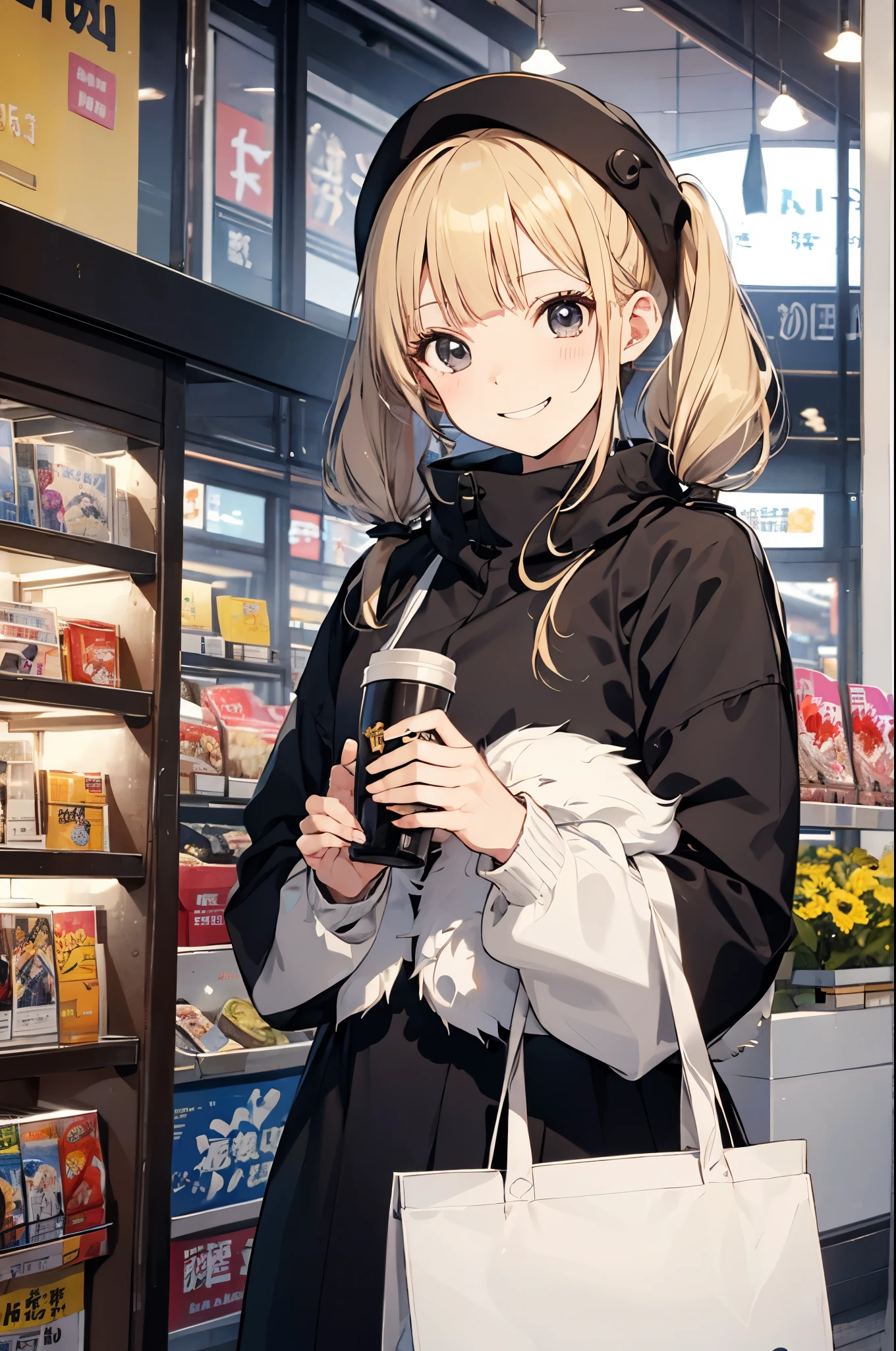 （Pretty sister:1.3）、happy face,Cold atmosphere、one piece、daytime、blonde and black hair、pigtails hair、holiday、Okabo Hair、Shopping mall