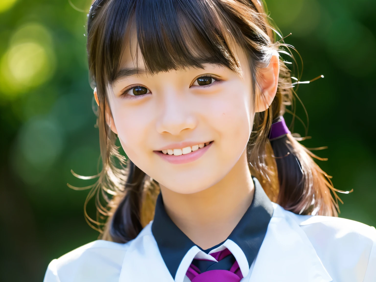 1 girl, alone, japanese girl, , (highest quality, realistic, High resolution, 8k, super detailed, detailed face, shiny skin), japanese school uniform, collared shirt, white shirt, ribbon tie, black hair, choppy bangs, ponytail,Vibrant,smile,Look a little farther away