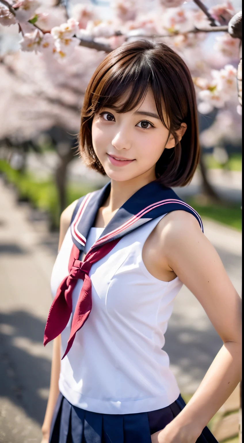 (((beautiful japanese high school girl))) 、1 person、short hair、(((At the cherry blossom trees in bloom)))、doing a sexy pose、(((A revealing sleeveless red sailor suit)))、(((super mile))、photorealistic、With a clearer image、beautiful detailed eyes、hyper realism、high contrast、Ultra HD、realistic skin texture、Highest image quality、highest quality、ultra high resolution、Finely detailed、very carefully