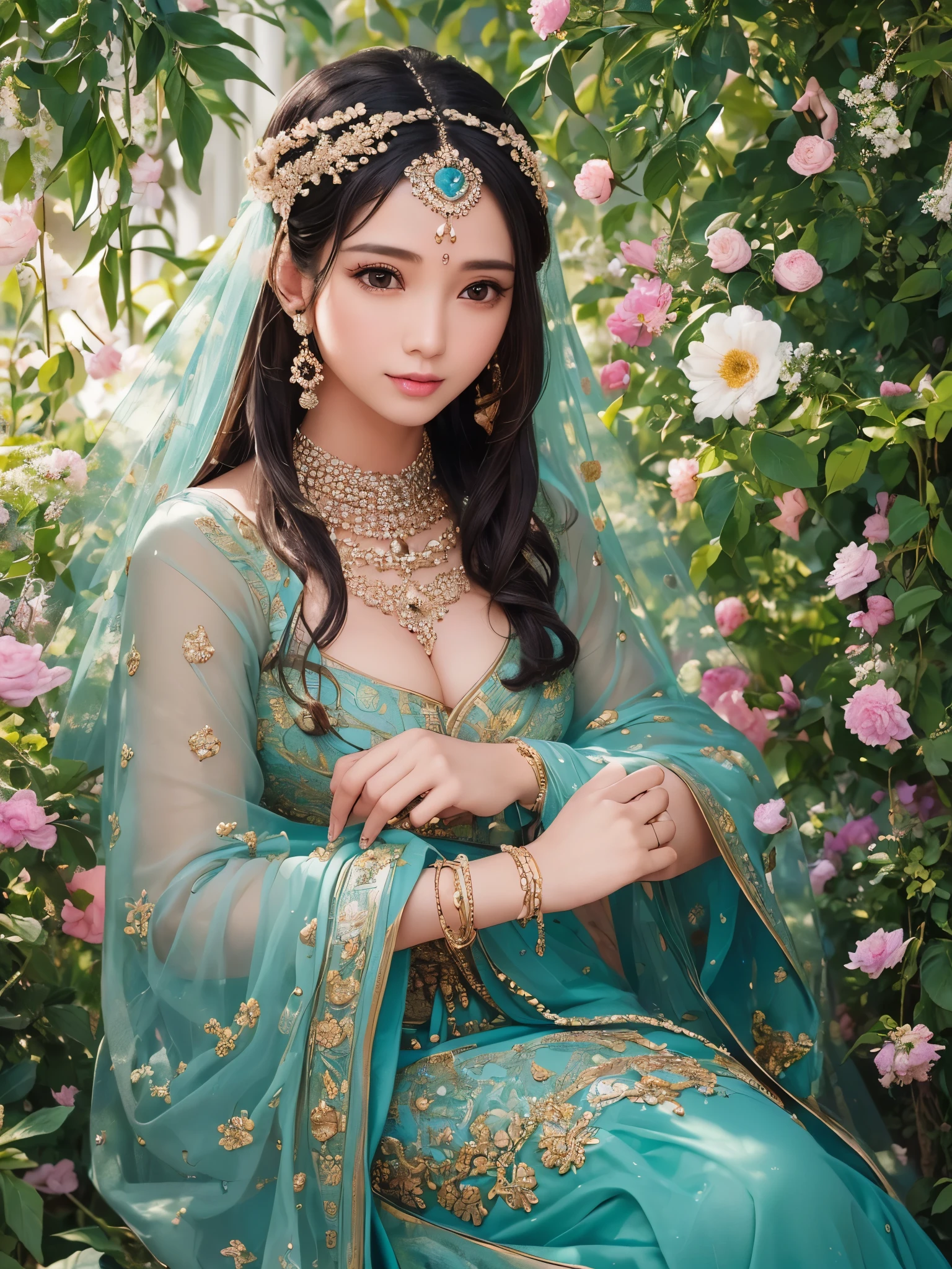 RAW photo,intricate, elegant, highly detailed, majestic, digital photography, peaceful oasis at dusk, goddess of love and beauty, flowing silk robes, jeweled headpiece, blooming roses, gentle breeze, enchanting serenity, Waterfall braid, Peacock blue hair color, Bottom-heavy (larger hips and narrower bust), (film grain:1.2), (high detailed skin:1.2), detailed skin, skin blemish, 8k uhd, dslr, (dramatic lighting), high quality, film grain, Fujifilm XT3,