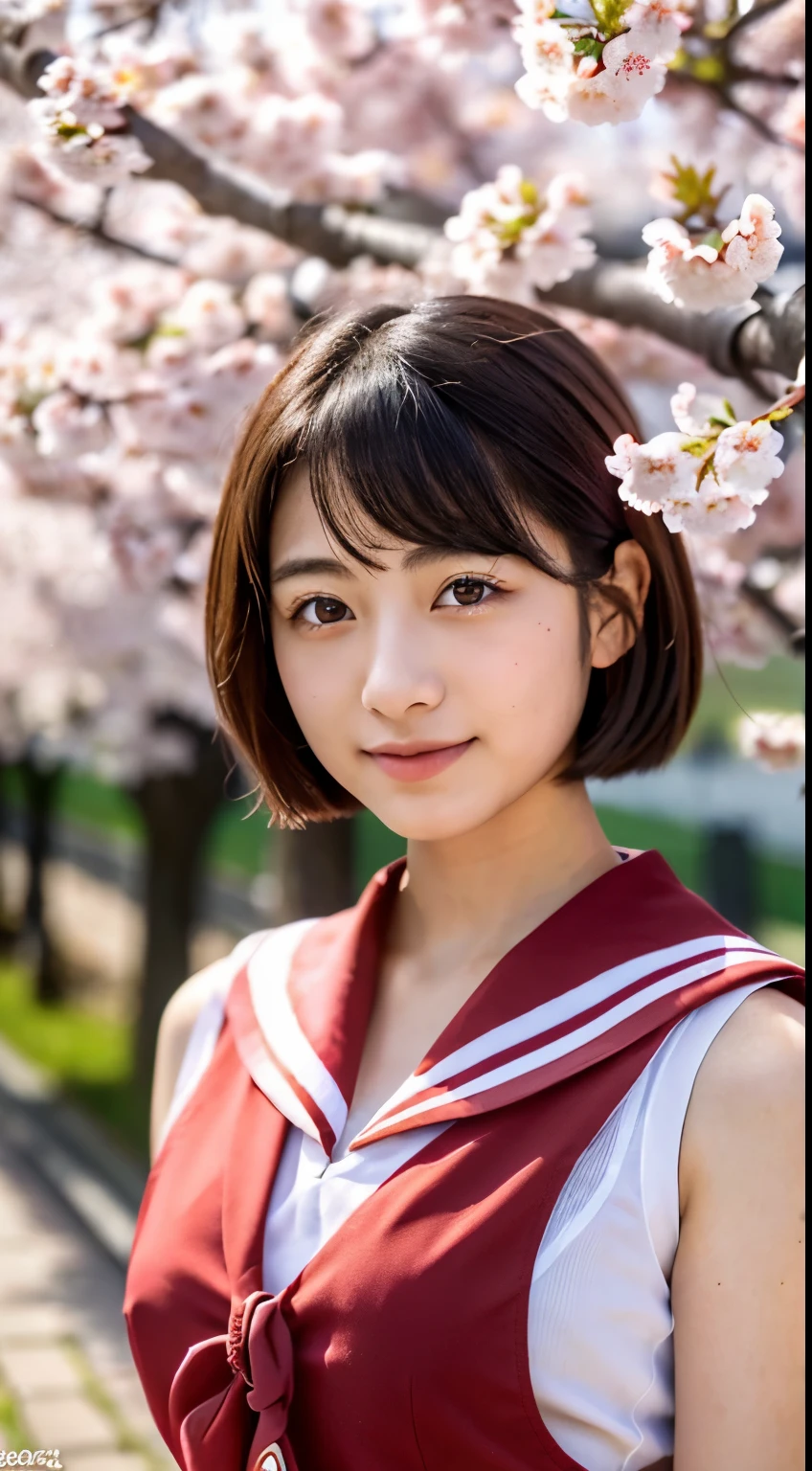 (((beautiful japanese high school girl))) 、1 person、short hair、(((At the cherry blossom trees in bloom)))、doing a sexy pose、(((A revealing sleeveless red sailor suit)))、(((super mile))、photorealistic、With a clearer image、beautiful detailed eyes、hyper realism、high contrast、Ultra HD、realistic skin texture、Highest image quality、highest quality、ultra high resolution、Finely detailed、very carefully
