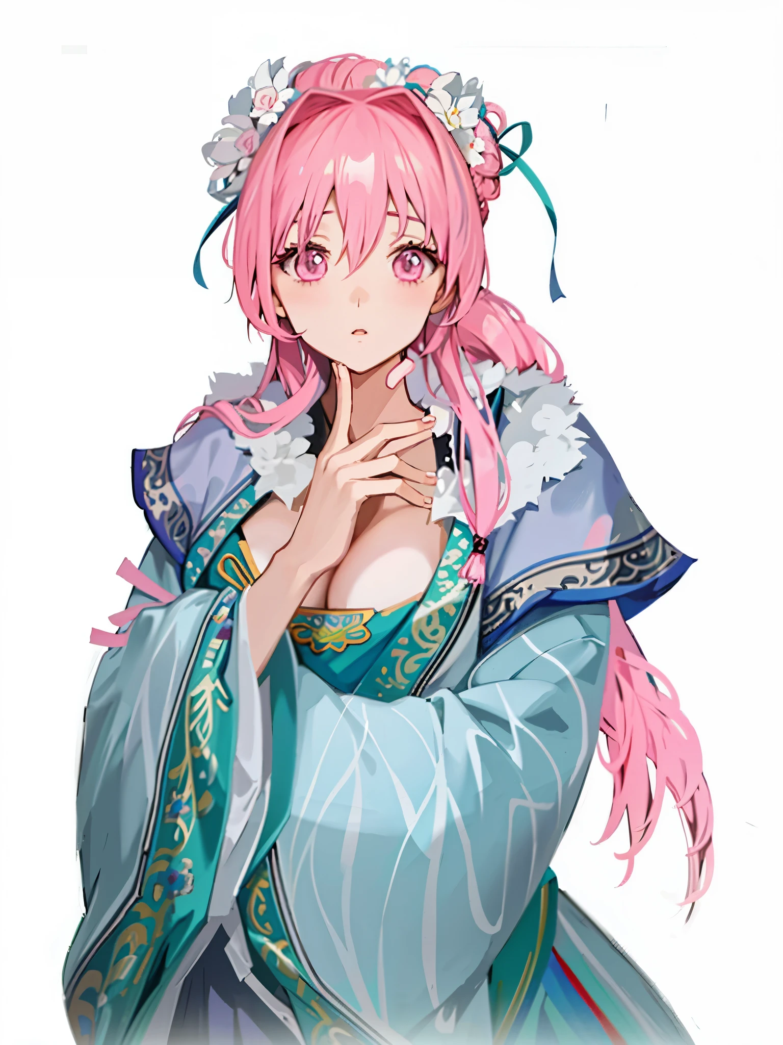 wearing blue dress、Anime girl with pink hair and white dress, Pink ponytail hair and cyan eyes, ((Wearing noble robes)), Cute anime waifu wearing beautiful clothes, eager character, Anime character with pink hair and red chinese hanfu, Popular topics on artstation pixiv,Produced by Anime Painter Studio, guweiz style artwork, Beautiful anime portrait, Detailed anime character art, Clean and detailed anime art，Three Kingdoms style，Three Kingdoms Unparalleled Style，Dressed in ancient Chinese costumes，Sonison，Open-chest outfit，Topless top，open chest，big ，Good shape，extremely delicate and beautiful, Amazing cleavage, Pink ponytail hair