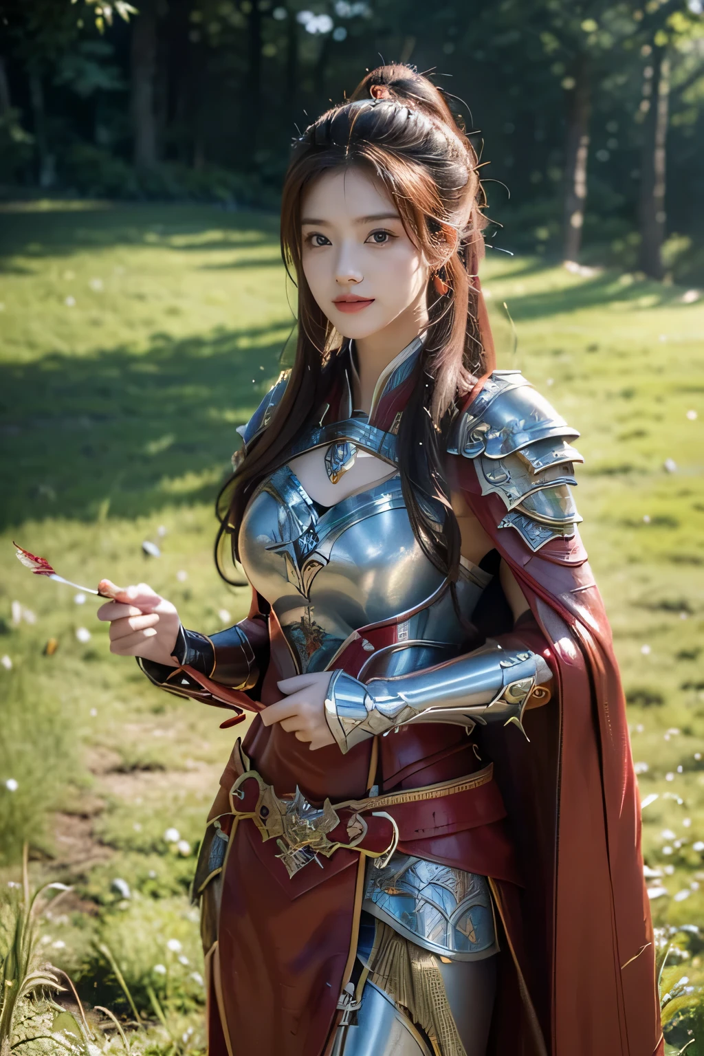masterpiece,Best quality,A high resolution,8K,Original photo,real photo,Ancient city wall battlefield background,((field:1.8)),digital photography,(Female generals on the battlefield in the Han Dynasty),(((standing on the grass))),18-year-old girl,(long ponytail hairstyle),cparted lips,Full and erect breasts,Noble and charming,Elegant and serious,(Thick metal fish scale armor),Long red cape,The combination of white metal and red leather,Chest covered with gold armor,metallic luster,Leather buckle,Exquisite pattern,mysterious badge,Cool and gorgeouig breasts)),Chest groove,Three Kingdoms character painting style,Photo pose,oc render reflection texture,bright shades,No shadows on the face,charming smile,Head-up shot,