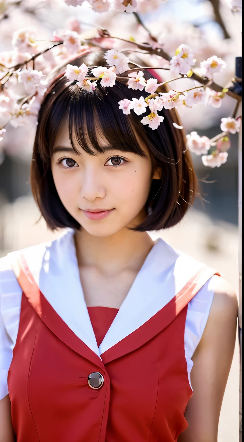 (((beautiful japanese high school girl))) 、1 person、short hair、(((At the cherry blossom trees in bloom)))、doing a sexy pose、(((A revealing sleeveless red sailor suit)))、(((super mile))、photorealistic、With a clearer image、beautiful detailed eyes、hyper realism、high contrast、Ultra HD、realistic skin texture、Highest image quality、highest quality、ultra high resolution、Finely detailed、very carefully
