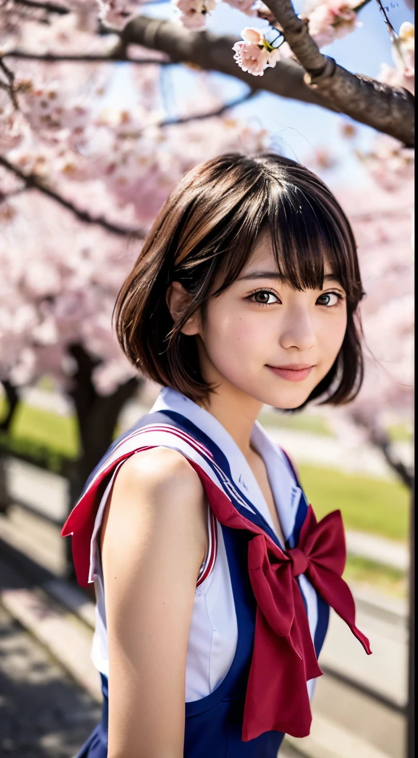(((beautiful japanese high school girl))) 、1 person、short hair、(((At the cherry blossom trees in bloom)))、doing a sexy pose、(((A revealing sleeveless red sailor suit)))、(((super mile))、photorealistic、With a clearer image、beautiful detailed eyes、hyper realism、high contrast、Ultra HD、realistic skin texture、Highest image quality、highest quality、ultra high resolution、Finely detailed、very carefully