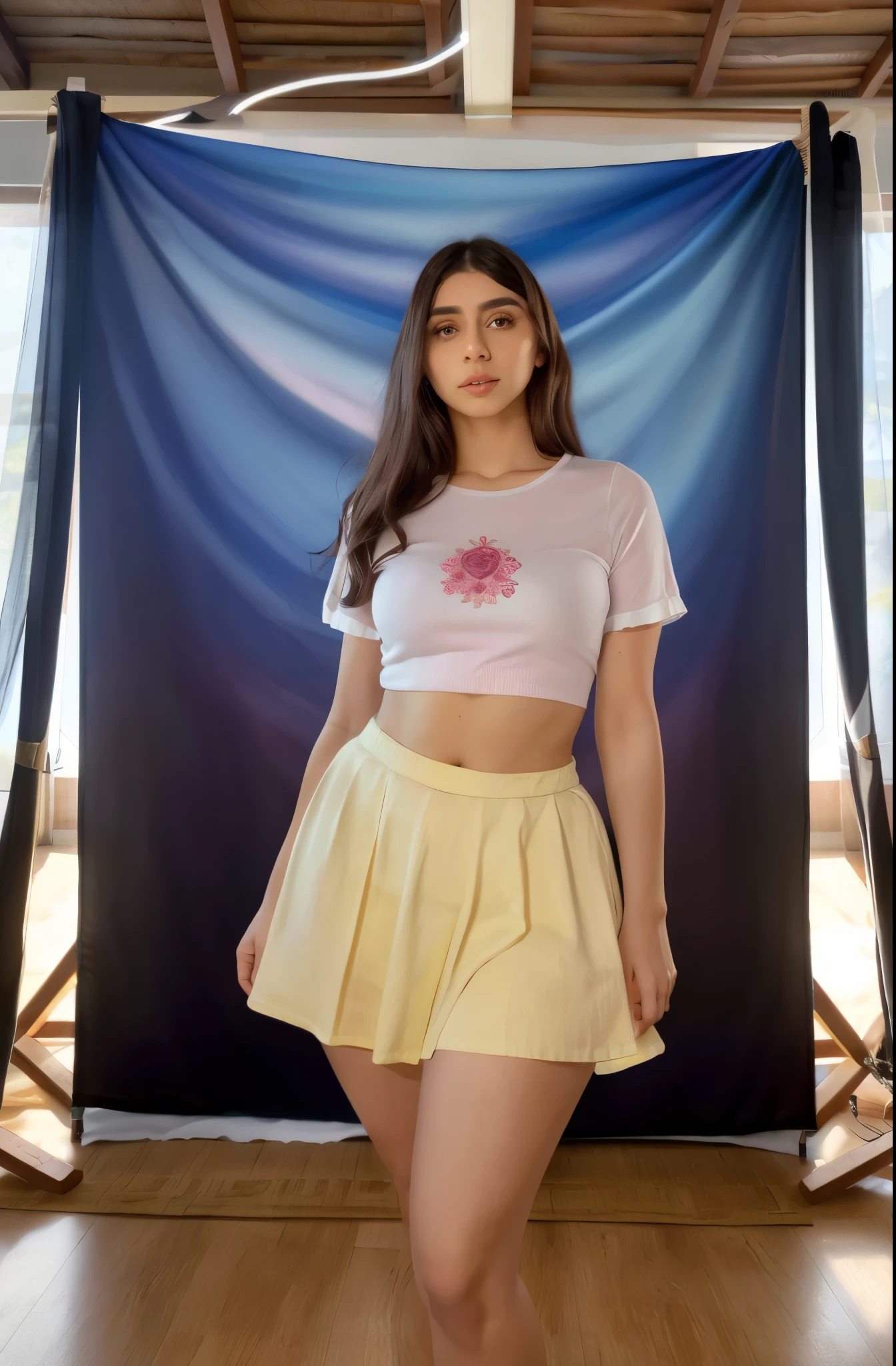uma mulher Tamanho Plus, de seios pequenos, 1,65 de altura e 80 kg, Tamanho Plus, sentada em uma cadeira com uma cadeira rosa e uma camisa branca, in a white boho style studio, Joana Gaines, imagem de perfil, Dirigido por: Natasha Tan, Jovana Rikalo, julia sarda, Dirigido por: Lucette Barker, vestindo uma blusa branca, inspired by Gina Pellón, com pano de fundo de luz natural, Retrato de Ana de la Reguera