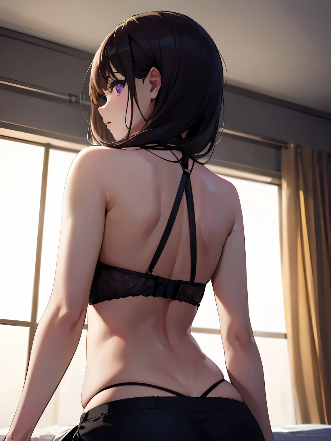 8k, ultra high res, best quality, masterpiece, ultra realistic, photograph,
BREAK, 1 girl, (:1.3), cute girl, cute face, beautiful detailed eyes, (purple eyes:1.3), (back view:1.2),medium breasts takina, bedroom
BREAK, white bra