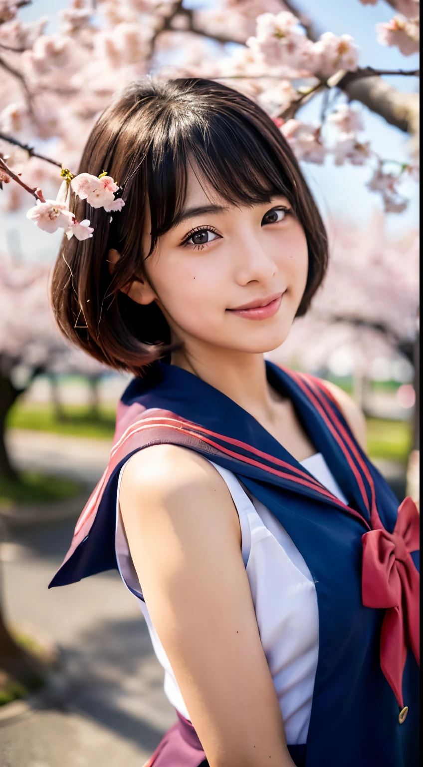(((beautiful japanese high school girl))) 、1 person、short hair、(((At the cherry blossom trees in bloom)))、doing a sexy pose、(((A revealing sleeveless red sailor suit)))、(((super mile))、photorealistic、With a clearer image、beautiful detailed eyes、hyper realism、high contrast、Ultra HD、realistic skin texture、Highest image quality、highest quality、ultra high resolution、Finely detailed、very carefully
