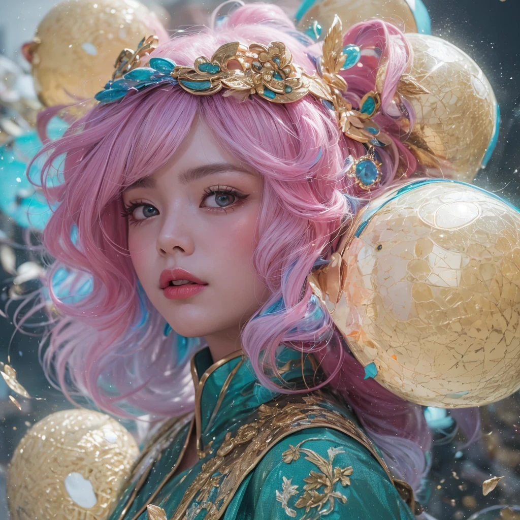 32K(tmasterpiece,k hd,hyper HD,32K)Curly hair with ball tips,Flowing bubbles,ponds,zydink, a color, Asian people (water sphere), (Colorful bubbles), Combat posture, looking at the ground, Large rolls of rouge bubbles, Flowing rouge curls,Crystal tiara, Chinese long-sleeved black gold garment, Water Goddess(Abstract water splash:1.2), Pink peony flower background,Buble(realisticlying:1.4),Rouge hair,The day is in full swing,The background is pure, A high resolution, the detail, RAW photogr, Sharp Re, Nikon D850 Film Stock Photo by Jefferies Lee 4 Kodak Portra 400 Camera F1.6 shots, Rich colors, ultra-realistic vivid textures, Dramatic lighting, Unreal Engine Art Station Trend, cinestir 800,Large roll bubbles,Flowing bubbles,Colorful bubbles that refract light