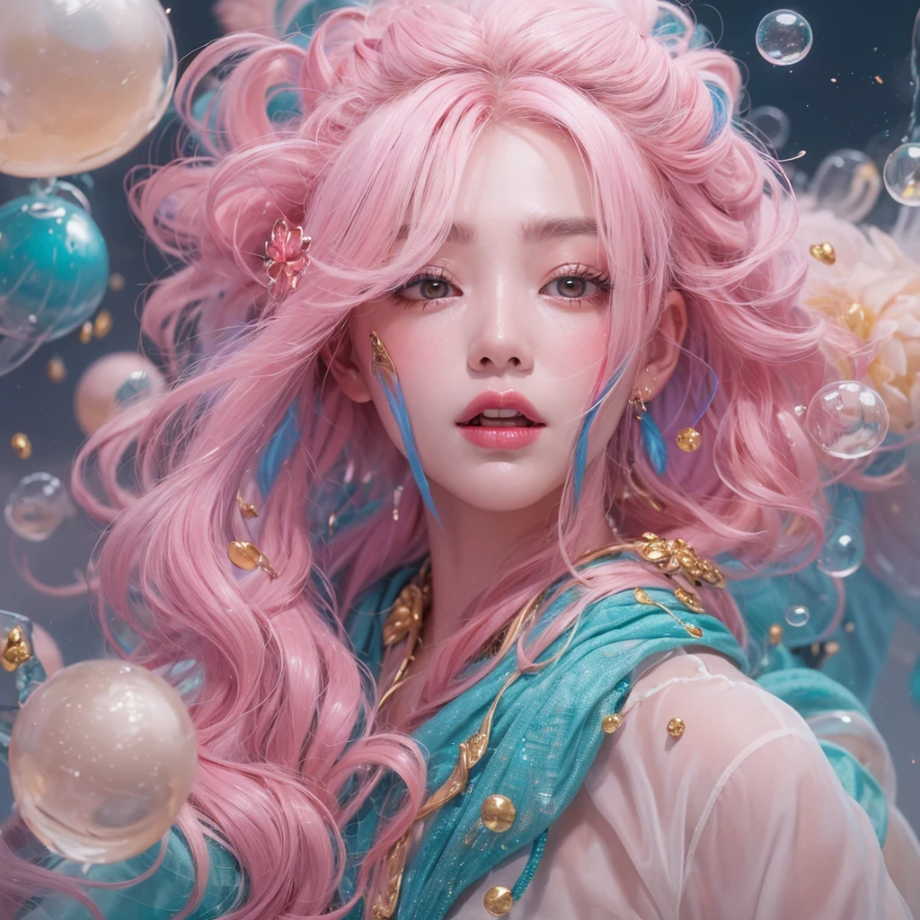 Goose pink blue color，enamel，agate，A flesh-colored world，Blood Blue Girl 32K（masterpiece，HD，Aoyama Pond，Ultra high quality，32）long flowing bright blue hair，blood pool，Ziddink， a color，Grumpy （After greeting）， （Linen scarf）， fighting stance， looking at the ground， Goose pink long hair， Floating bright blue， Fire cloud gold headdress， Chinese long-sleeved gold silk burgundy garment， （Abstract metaverse splash：1.2）， White background，Peony flower vitality protector（粉realisticlying：1.4），bright purple hair，Smoke on the road，The background is very pure， high resolution， detail， RAW photos， Sharp Re， Nikon D850 film photo by Jefferies Lee 4 Kodak Portra 400 camera F1.6 guns, Rich pink shade, Ultra-realistic and vivid textures, dramatic lighting, Unreal Engine Art Station Trend, Sinest Powder 800，一个有着long flowing bright blue hair的女孩，Huge colorful bubbles鹅粉黄