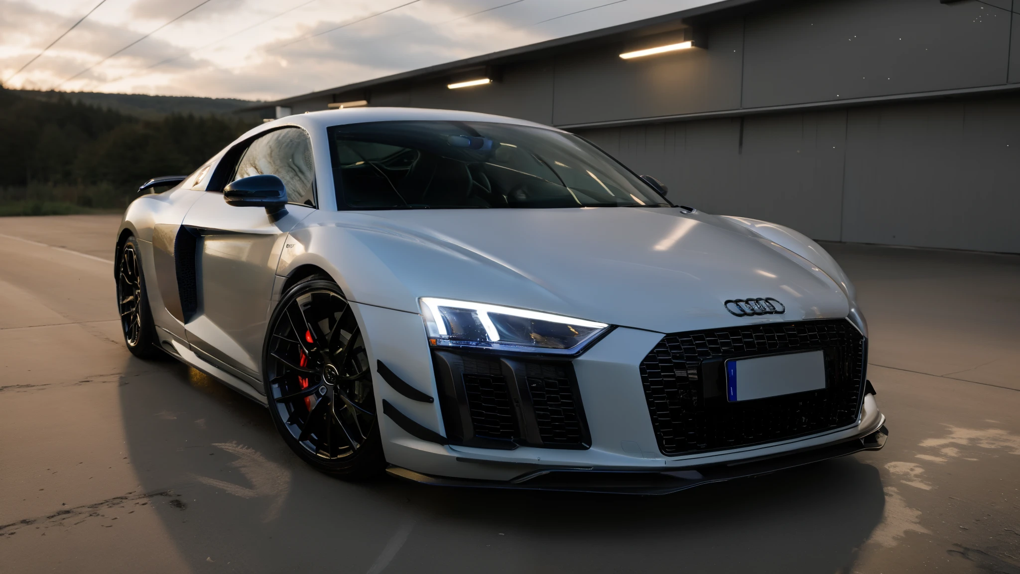 audir84s, forest, road, sky, sports car, best quality, award winning, dramatic lighting, hyperrealistic, urban, sharp focus, smooth, intricate details, 8k wallpaper, trending on artstation,