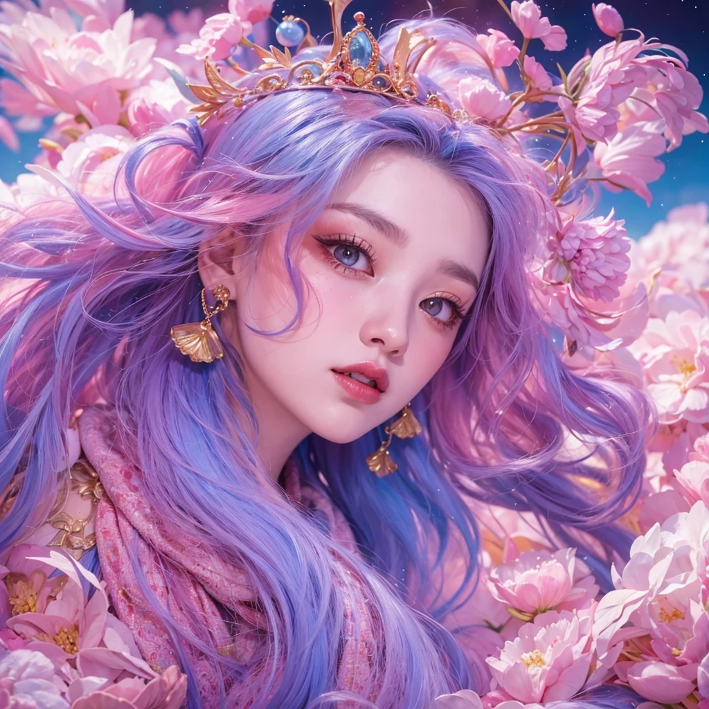 Goose pink blue color,enamel,agate,A flesh-colored world,Blood Blue Girl 32K(masterpiece,HD,Aoyama Pond,Ultra high quality,32)long flowing bright blue hair,blood pool,Ziddink, a color,Grumpy (After greeting), (Linen scarf), fighting stance, looking at the ground, Goose pink long hair, Floating bright blue, Fire cloud gold headdress, Chinese long-sleeved gold silk burgundy garment, (Abstract metaverse splash:1.2), White background,Peony flower vitality protector(粉realisticlying:1.4),bright purple hair,Smoke on the road,The background is very pure, high resolution, detail, RAW photos, Sharp Re, Nikon D850 film photo by Jefferies Lee 4 Kodak Portra 400 camera F1.6 guns, Rich pink shade, Ultra-realistic and vivid textures, dramatic lighting, Unreal Engine Art Station Trend, Sinest Powder 800,一个有着long flowing bright blue hair的女孩,Huge colorful bubbles鹅粉黄