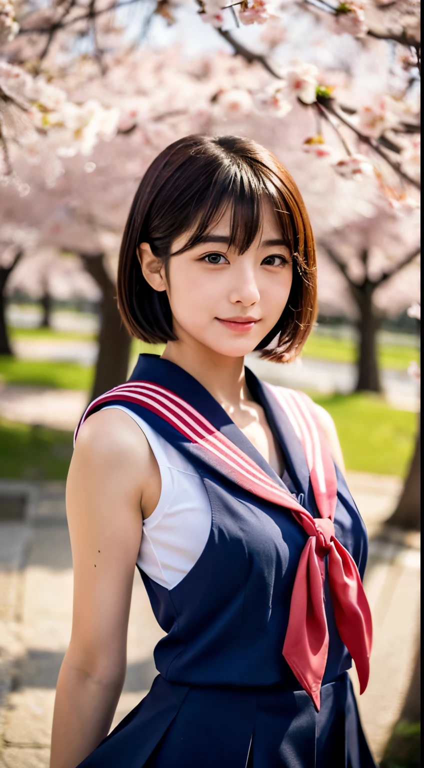 (((beautiful japanese high school girl))) 、1 person、short hair、(((At the cherry blossom trees in bloom)))、doing a sexy pose、(((A revealing sleeveless red sailor suit)))、(((super mile))、photorealistic、With a clearer image、beautiful detailed eyes、hyper realism、high contrast、Ultra HD、realistic skin texture、Highest image quality、highest quality、ultra high resolution、Finely detailed、very carefully
