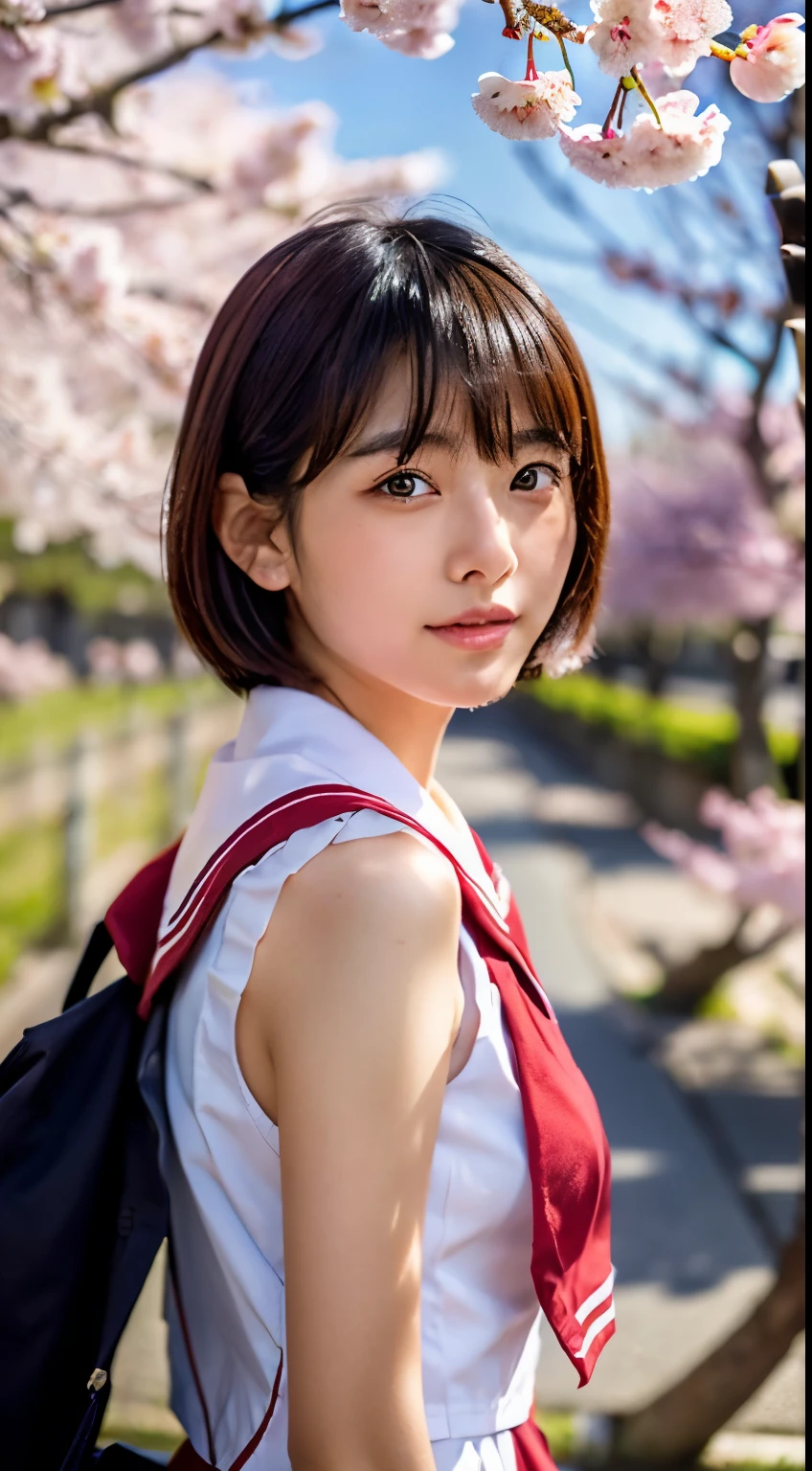 (((beautiful japanese high school girl))) 、1 person、short hair、(((At the cherry blossom trees in bloom)))、doing a sexy pose、(((A revealing sleeveless red sailor suit)))、(((super mile))、photorealistic、With a clearer image、beautiful detailed eyes、hyper realism、high contrast、Ultra HD、realistic skin texture、Highest image quality、highest quality、ultra high resolution、Finely detailed、very carefully