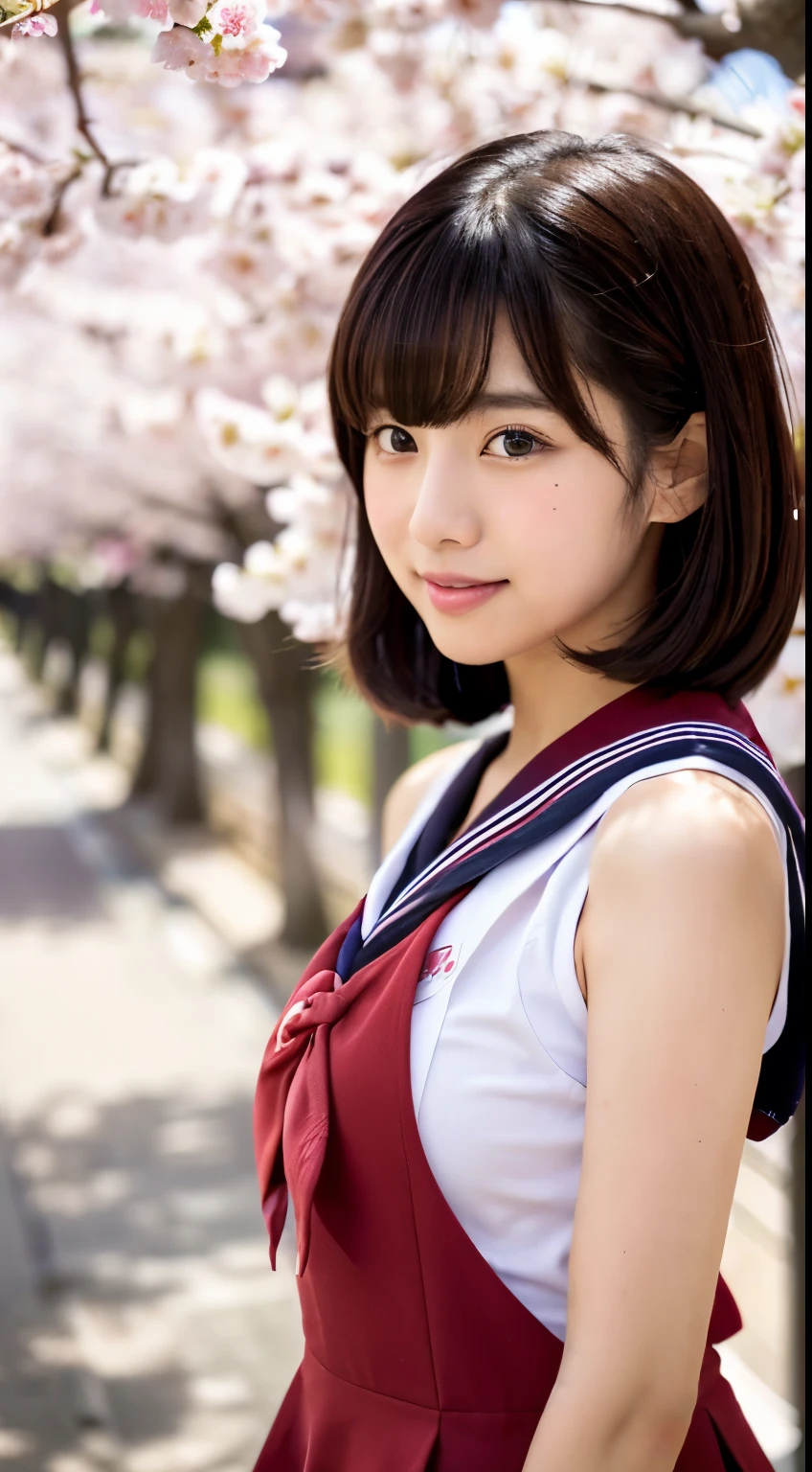 (((beautiful japanese high school girl))) 、1 person、short hair、(((At the cherry blossom trees in bloom)))、doing a sexy pose、(((A revealing sleeveless red sailor suit)))、(((super mile))、photorealistic、With a clearer image、beautiful detailed eyes、hyper realism、high contrast、Ultra HD、realistic skin texture、Highest image quality、highest quality、ultra high resolution、Finely detailed、very carefully