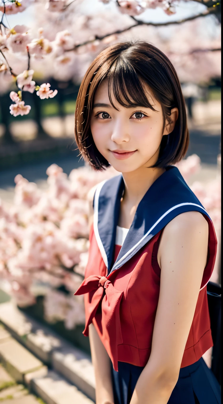 (((beautiful japanese high school girl))) 、1 person、short hair、(((At the cherry blossom trees in bloom)))、doing a sexy pose、(((A revealing sleeveless red sailor suit)))、(((super mile))、photorealistic、With a clearer image、beautiful detailed eyes、hyper realism、high contrast、Ultra HD、realistic skin texture、Highest image quality、highest quality、ultra high resolution、Finely detailed、very carefully