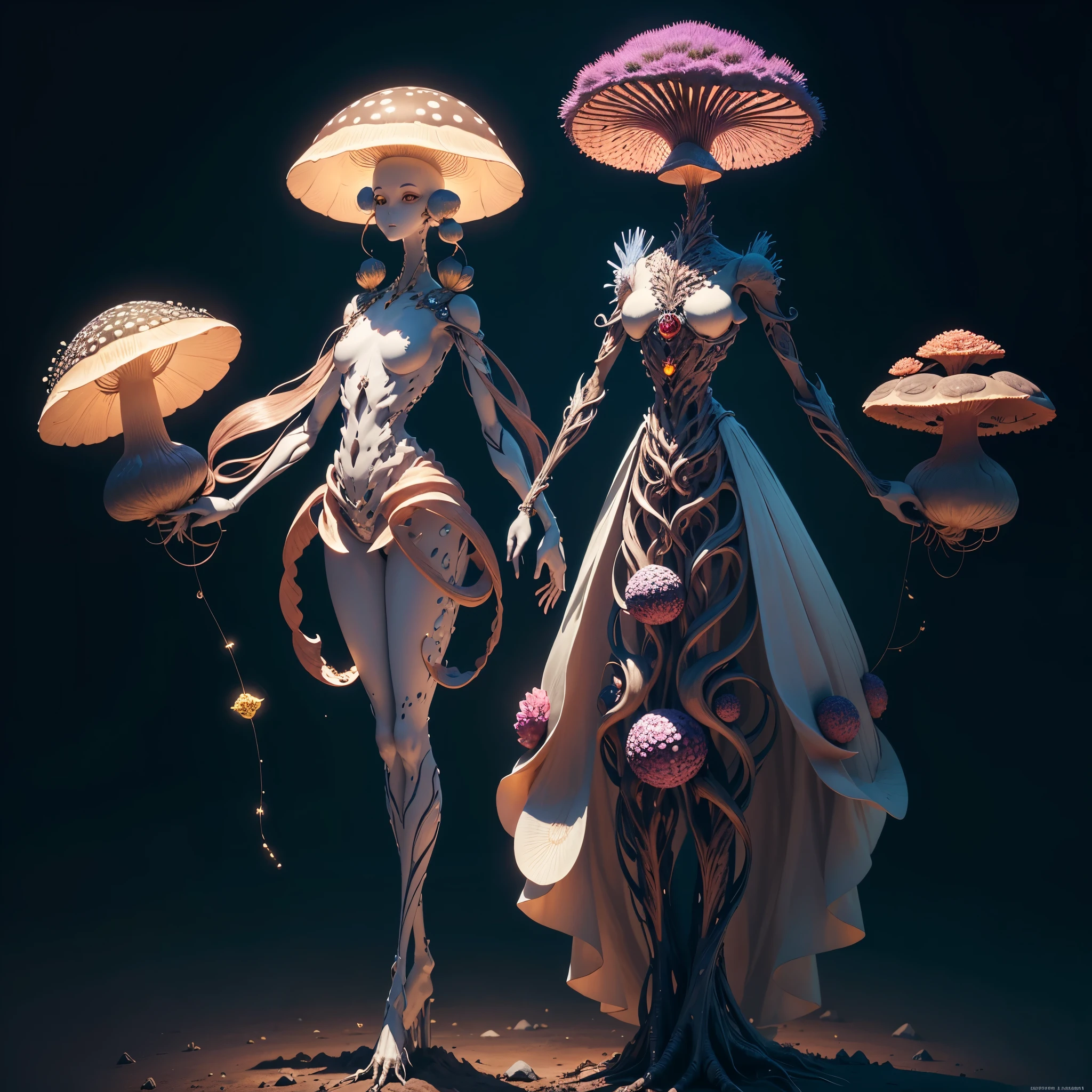 Generate images of creatures with humanoid body structures, But mainly composed of fungal elements. Its head resembles a big head, Dome-shaped crystal spring flower mushroom cap, fanciful, Colorful, Decorated with a luminous speckled pattern. Its arms are long, Flexible tendrils sprout from the shoulders, Able to be as vertical as a human hand. And not legs, It has a single, Thick, The stem is rooted in the ground. Its face is a small cluster, Bioluminescent spheres embedded in the bottom of the lid, Arranged in a way reminiscent of human facial features. photo-realism, ultra - detailed, 4K, A high resolution