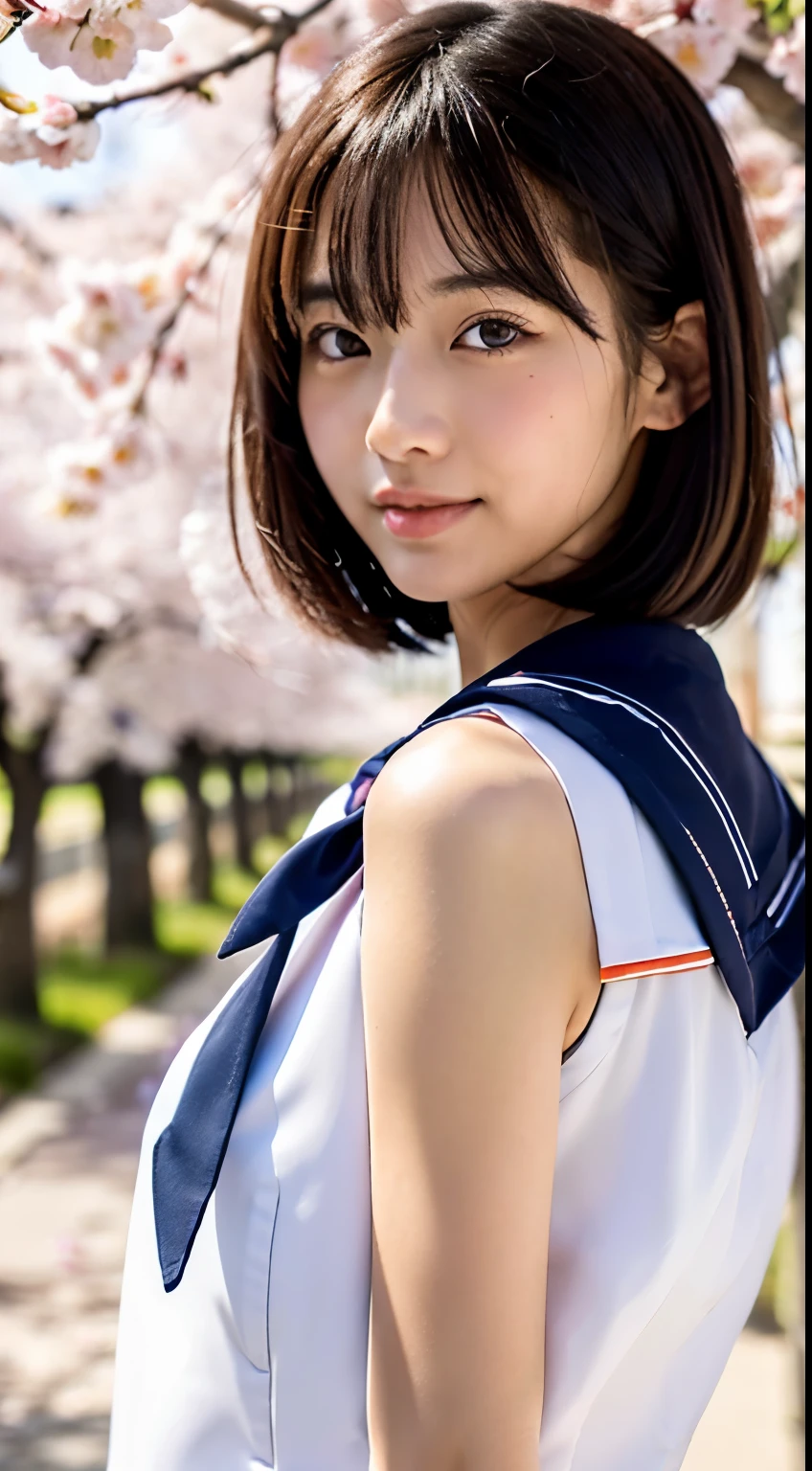 (((beautiful japanese high school girl))) 、1 person、short hair、big breasts、(((At the cherry blossom trees in bloom)))、doing a sexy pose、(((A revealing sleeveless white sailor suit)))、(((super mile))、photorealistic、With a clearer image、beautiful detailed eyes、hyper realism、high contrast、Ultra HD、realistic skin texture、Highest image quality、highest quality、ultra high resolution、Finely detailed、very carefully