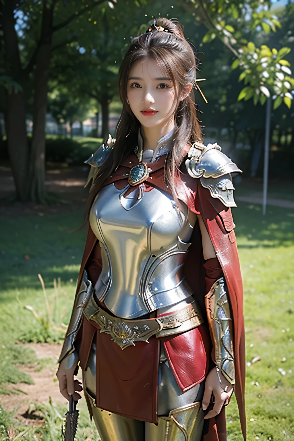 masterpiece,Best quality,A high resolution,8K,Original photo,real photo,Ancient city wall battlefield background,((field:1.8)),digital photography,(Female generals on the battlefield in the Han Dynasty),(((standing on the grass))),18-year-old girl,(long ponytail hairstyle),cparted lips,Full and erect breasts,Noble and charming,Elegant and serious,(Thick metal fish scale armor),Long red cape,The combination of white metal and red leather,Chest covered with gold armor,metallic luster,Leather buckle,Exquisite pattern,mysterious badge,Cool and gorgeouig breasts)),Chest groove,Three Kingdoms character painting style,Photo pose,oc render reflection texture,bright shades,No shadows on the face,charming smile,Head-up shot,