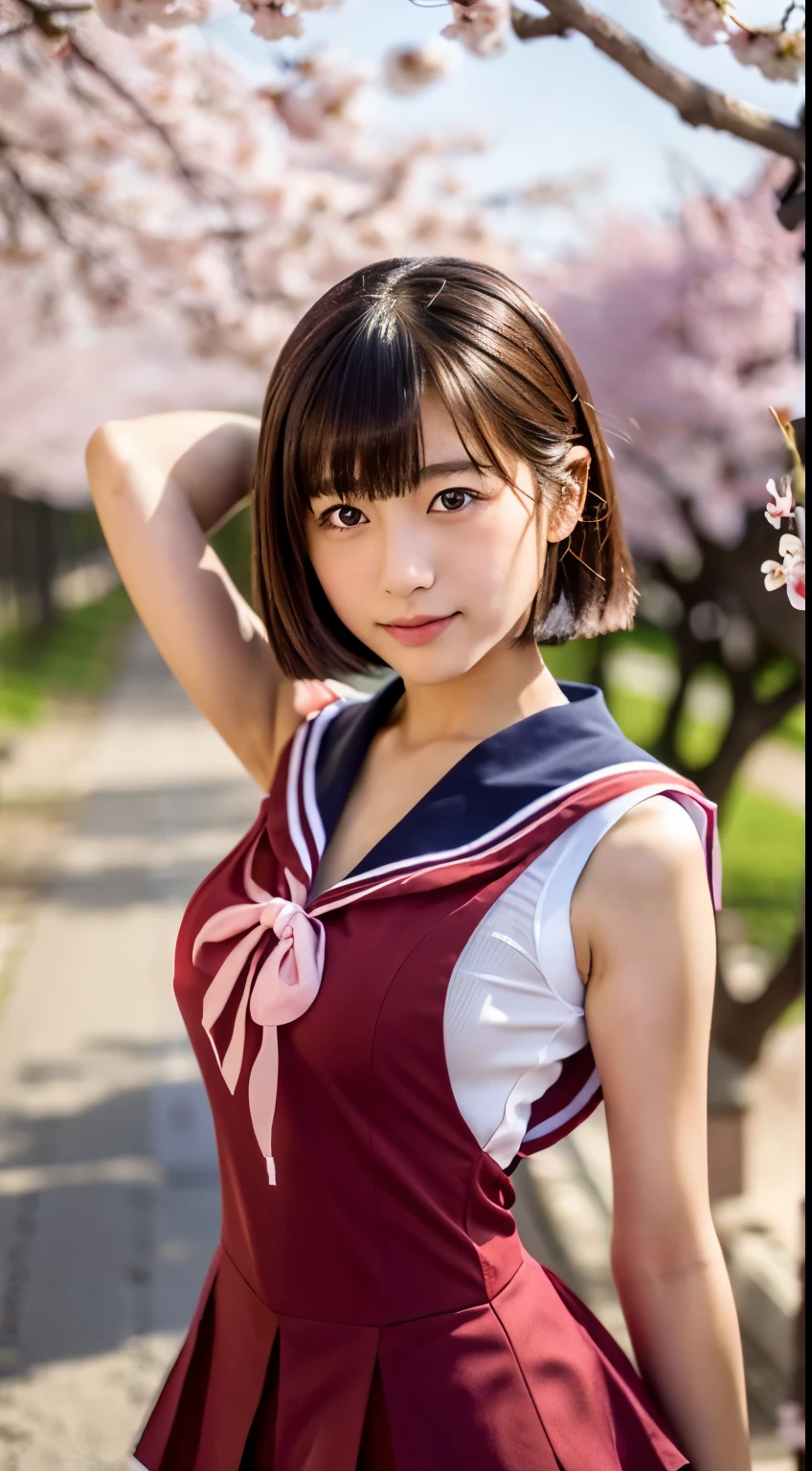 (((beautiful japanese high school girl))) 、1 person、short hair、big breasts、(((At the cherry blossom trees in bloom)))、doing a sexy pose、(((A revealing sleeveless red sailor suit)))、(((super mile))、photorealistic、With a clearer image、beautiful detailed eyes、hyper realism、high contrast、Ultra HD、realistic skin texture、Highest image quality、highest quality、ultra high resolution、Finely detailed、very carefully
