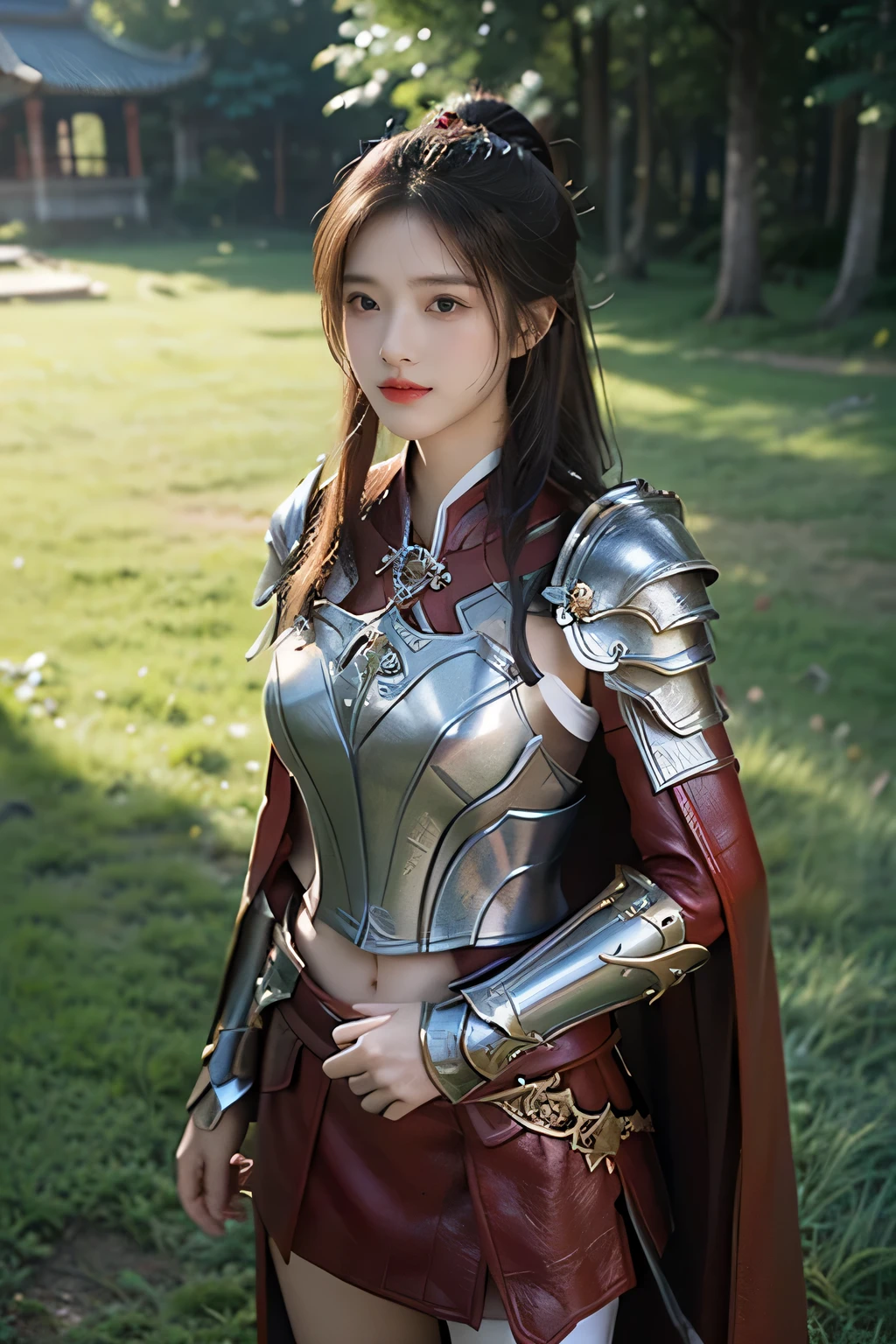 masterpiece，Best quality，A high resolution，8K，Original photo，real photo，Ancient city wall battlefield background,((field：1.8))，digital photography，(Female generals on the battlefield in the Han Dynasty)，(((standing on the grass)))，18-year-old girl，（long ponytail hairstyle)，cparted lips，Full and erect breasts，Noble and charming，Elegant and serious，(Thick metal fish scale armor），Long red cape，The combination of white metal and red leather，Chest covered with gold armor，metallic luster，Leather buckle，Exquisite pattern，mysterious badge，Cool and gorgeouig breasts))，Chest groove，Three Kingdoms character painting style，Photo pose，oc render reflection texture，bright shades，No shadows on the face，charming smile，Head-up shot，