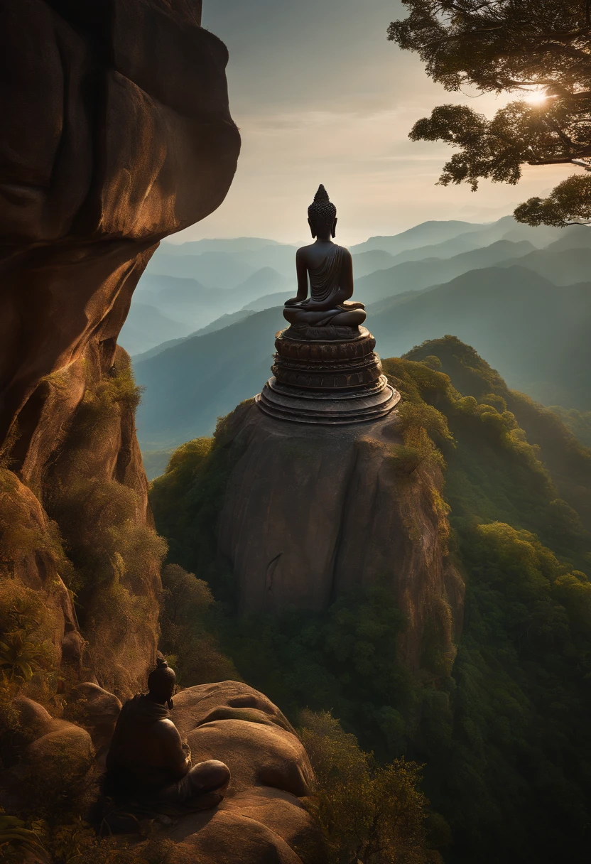 (Best quality, A high resolution, Ultra-detailed), surrealism,  Realistic texture, Carved Buddha statues on cliff faces, Harmonious integration with nature, Cinematic lighting, lifelike skin, depth and dimensionality, Divine aura, tranquil ambiance, meditation, cure, unique