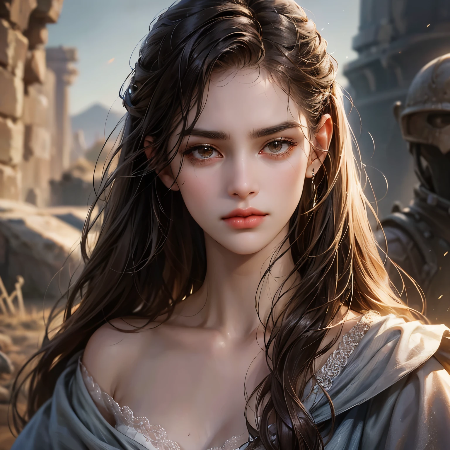 Create a face card portrait for a character description capturing the character's face. A young 25 year old female character with brown long unkempt hair, brown eyes, wearing a torn rugged brown and white rag clothes, she looks sad and dusty. She's a slave, she is angry, she's powerful, dark theme, detailed background of a desert, a sandy desert in background, dark blue colors, very close up picture with face, detailed, 4k, only face in the picture, close up shot of face, do not show below the neck, extremely close up shot, straight portrait, Ensure the focus is on a straightforward, centered composition with a clear, direct gaze