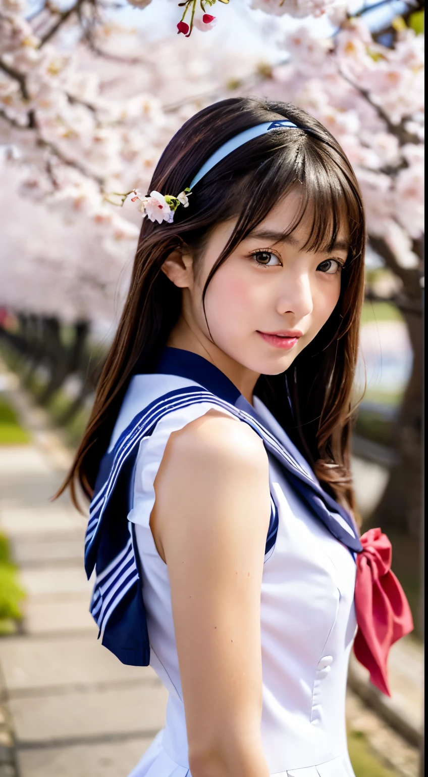 (((beautiful japanese high school girl))) 、1 person、big breasts、(((At the cherry blossom trees in bloom)))、doing a sexy pose、(((A revealing sleeveless white sailor suit)))、(((super mile))、photorealistic、With a clearer image、beautiful detailed eyes、hyper realism、high contrast、Ultra HD、realistic skin texture、Highest image quality、highest quality、ultra high resolution、Finely detailed、very carefully