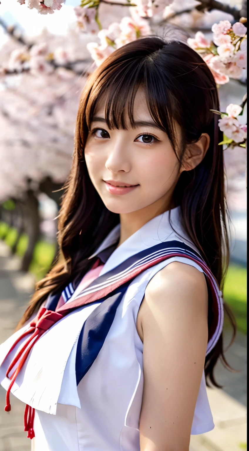(((beautiful japanese high school girl))) 、1 person、big breasts、(((At the cherry blossom trees in bloom)))、doing a sexy pose、(((A revealing sleeveless white sailor suit)))、(((super mile))、photorealistic、With a clearer image、beautiful detailed eyes、hyper realism、high contrast、Ultra HD、realistic skin texture、Highest image quality、highest quality、ultra high resolution、Finely detailed、very carefully