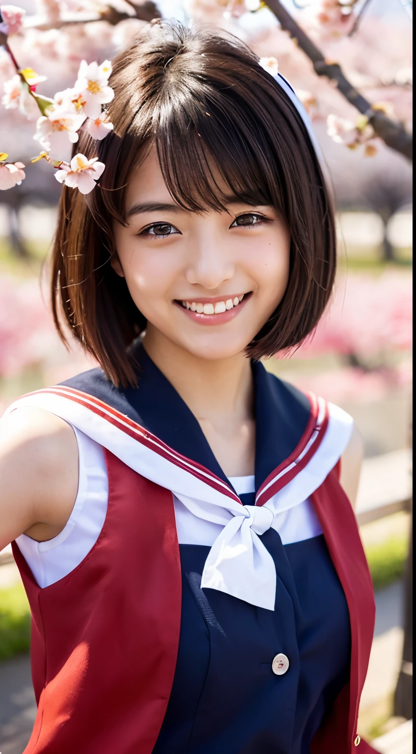 (((beautiful japanese high school girl))) 、1 person、short hair、(((At the cherry blossom trees in bloom)))、doing a sexy pose、(((A revealing sleeveless red sailor suit)))、(((Glamour)))、((smile))、photorealistic、With a clearer image、beautiful detailed eyes、hyper realism、high contrast、Ultra HD、realistic skin texture、Highest image quality、highest quality、ultra high resolution、Finely detailed、very carefully