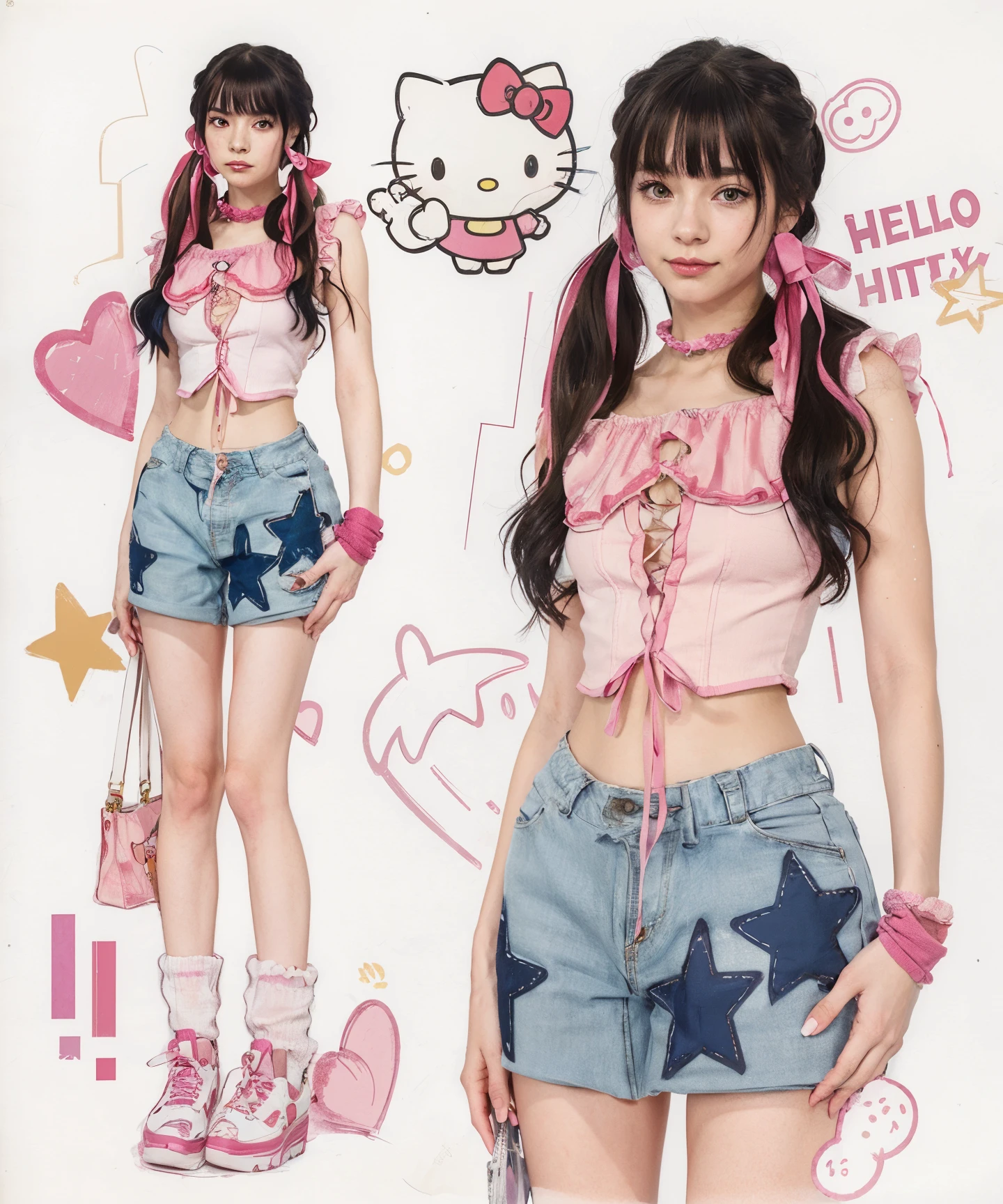 Chica anime con top rosa y pantalones cortos de mezclilla con Hello Kitty., 9 0 s Estilo de arte animado, estilo anime de los 90, estilo anime de los 90, decoration-inspired illustrations, Estilo de arte animado, 8 0 s Estilo de arte animado, lindo estilo de arte, anime style illustration, fanart de chica urbana, tendencia en artstration, in the art style of 80s anime