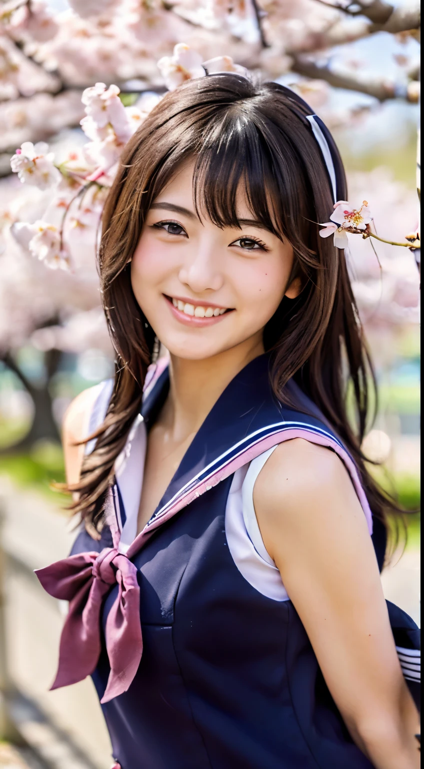 (((beautiful japanese high school girl))) 、1 person、(((At the cherry blossom trees in bloom)))、doing a sexy pose、(((A revealing sleeveless sailor suit)))、(((Glamour)))、((smile))、photorealistic、With a clearer image、beautiful detailed eyes、hyper realism、high contrast、Ultra HD、realistic skin texture、Highest image quality、highest quality、ultra high resolution、Finely detailed、very carefully
