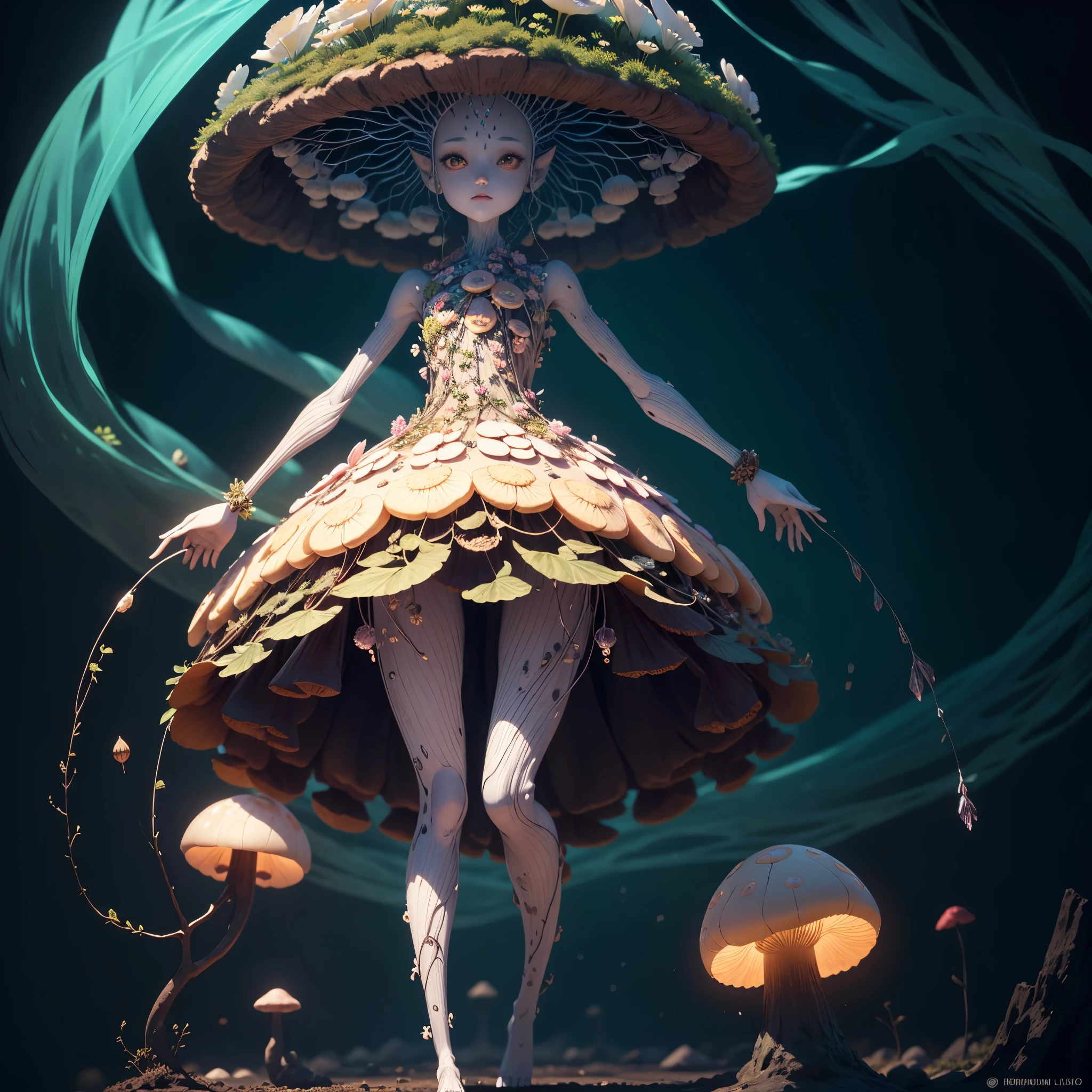 Generate images of creatures with humanoid body structures, But mainly composed of fungal elements. Its head resembles a big head, Dome-shaped crystal spring flower mushroom cap, fanciful, Colorful, Decorated with a luminous speckled pattern. Its arms are long, Flexible tendrils sprout from the shoulders, Able to be as vertical as a human hand. And not legs, It has a single, Thick, The stem is rooted in the ground. Its face is a small cluster, Bioluminescent spheres embedded in the bottom of the lid, Arranged in a way reminiscent of human facial features. photo-realism, ultra - detailed, 4K, A high resolution