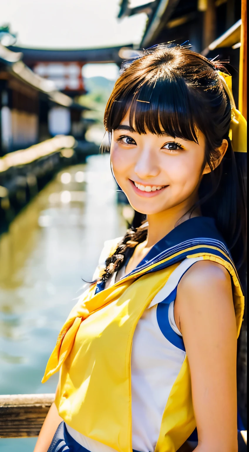 (((beautiful japanese high school girl))) 、1 person、(((At tourist spots in Kyoto in summer)))、Posing、(((A revealing yellow sleeveless sailor suit)))、(((Glamour)))、((smile))、photorealistic、distinct、beautiful detailed eyes、hyper realism、high contrast、Ultra HD、realistic skin texture、Highest image quality、highest quality、ultra high resolution、Finely detailed、very carefully