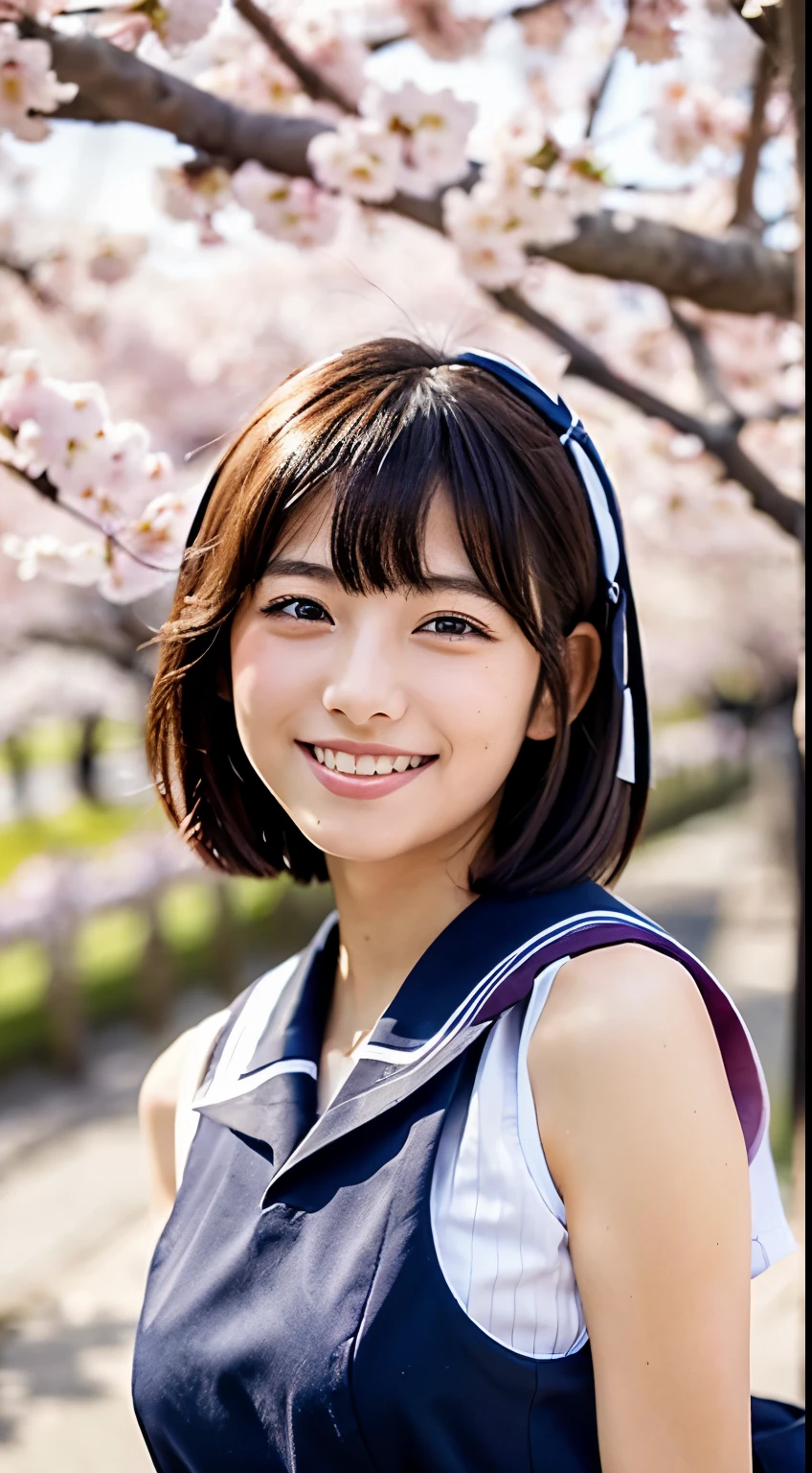 (((beautiful japanese high school girl))) 、1 person、(((At the cherry blossom trees in bloom)))、short hair、doing a sexy pose、(((A revealing sleeveless sailor suit)))、(((Glamour)))、((smile))、photorealistic、With a clearer image、beautiful detailed eyes、hyper realism、high contrast、Ultra HD、realistic skin texture、Highest image quality、highest quality、ultra high resolution、Finely detailed、very carefully
