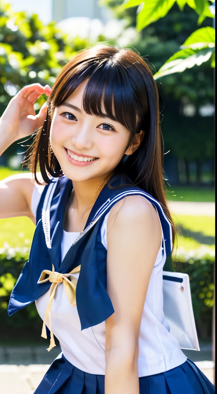 (((beautiful japanese high school girl))) 、1 person、(((In a park with beautiful summer greenery and flowers)))、Posing、(((A skimpy blue sleeveless sailor suit)))、(((Glamour)))、((smile))、photorealistic、distinct、beautiful detailed eyes、hyper realism、high contrast、Ultra HD、realistic skin texture、Highest image quality、highest quality、ultra high resolution、Finely detailed、very carefully