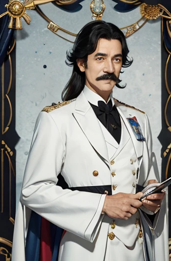 He has pride in his face as a nobleman and a high-ranking official who serves the country.。Tall and smartly dressed。He has black hair and a mustache and is smiling elegantly.。her face is beautiful。He wears a white-based suit suitable for a court noble.。She stylishly carries a silver pen in her breast pocket.。The background is night and the moon is faintly floating.