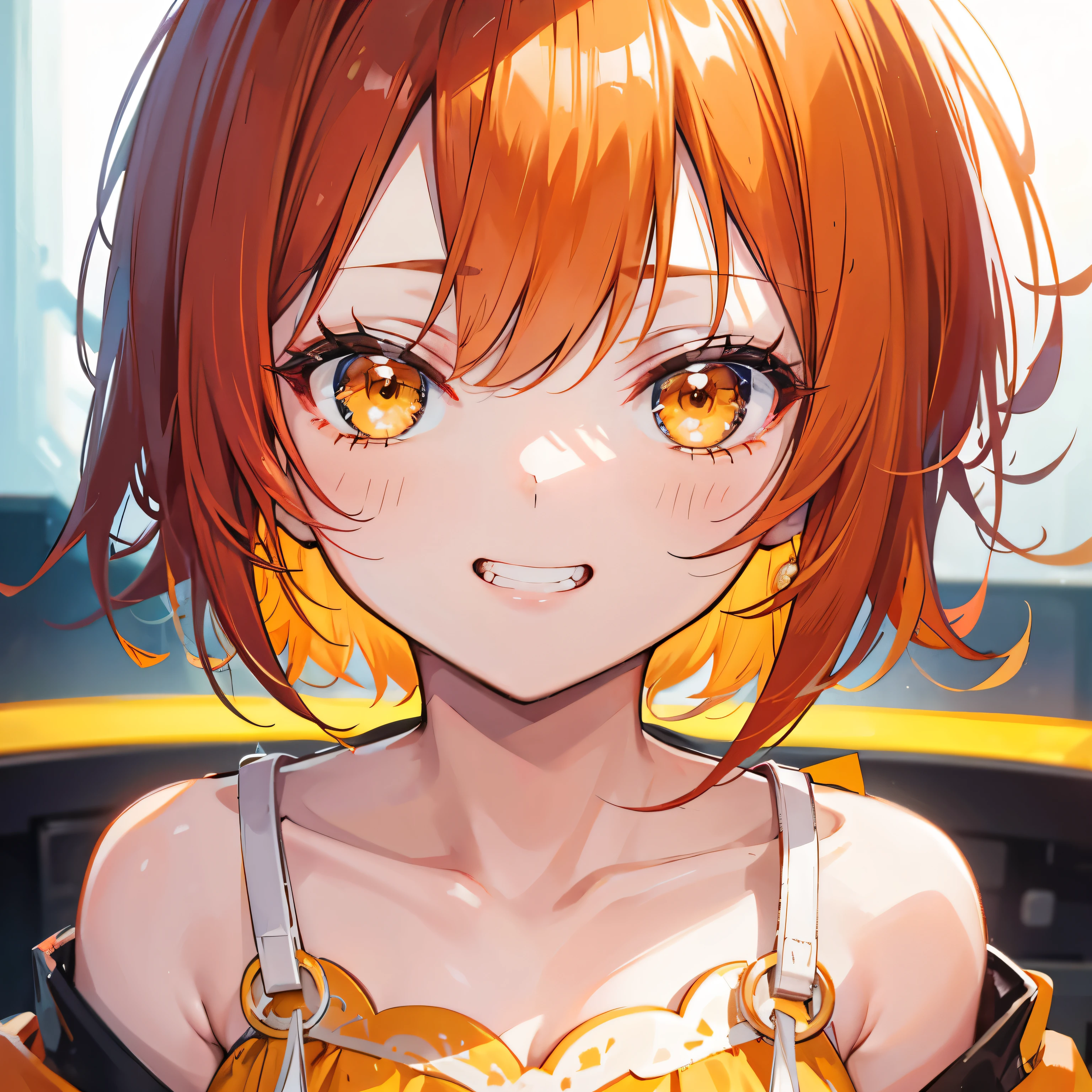 extreme close up, Orange-yellow and white off-shoulder short hair,Rin々nice and lovely girl, In the arcade, grin and laugh
