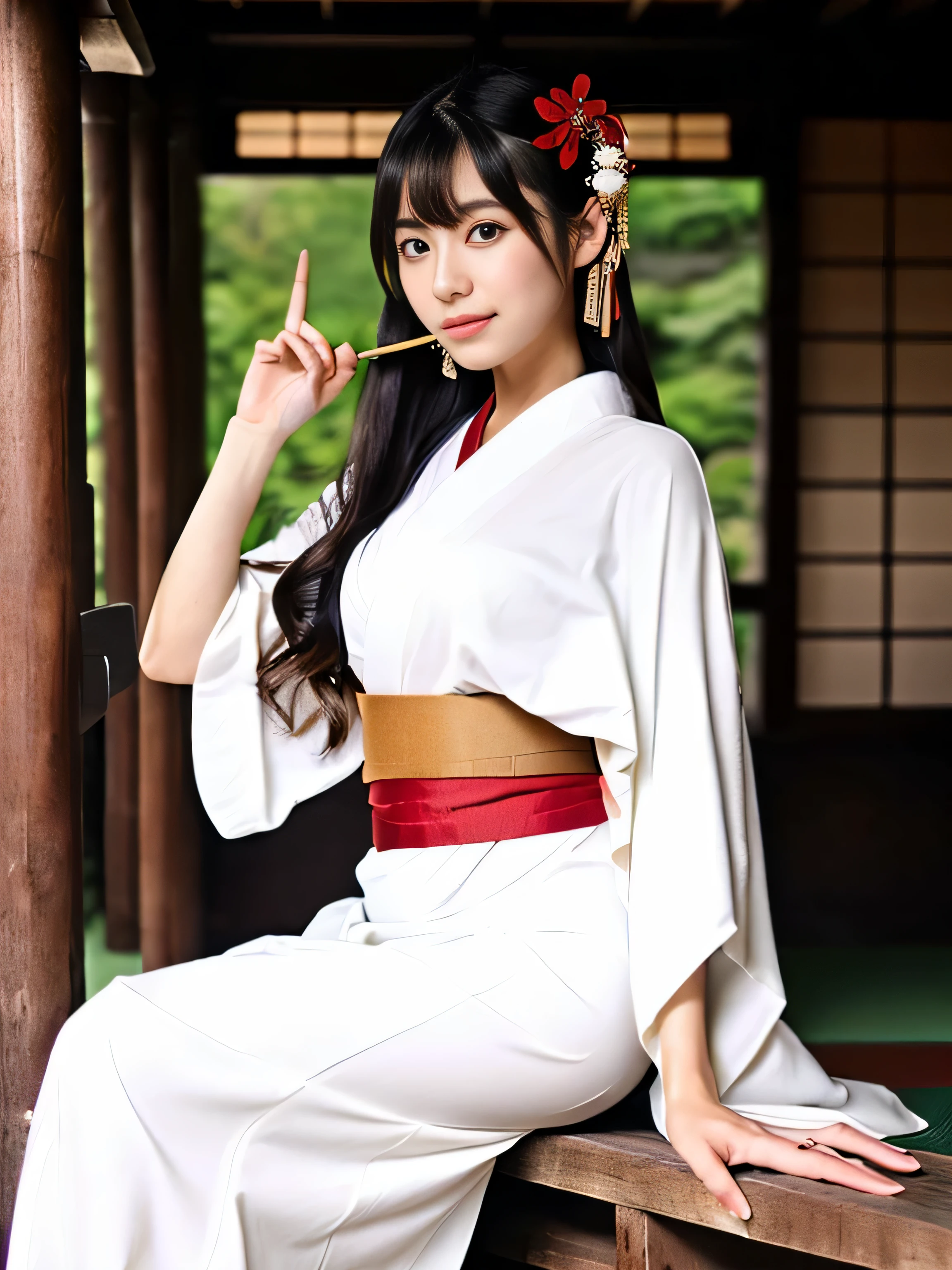 (One slender girl with small breasts、She is wearing a shrine maiden costume and has long hair without bangs.。.:1.5)、(A girl is sitting、和風の部屋で恥ずかしがり屋の笑顔でwhite kimono and scarlet long skirtを脱ぐ:1.5)、(white kimono and scarlet long skirt:1.3)、(perfect anatomy:1.3)、(no mask:1.3)、(Refers to the whole:1.3)、Photoreal、RAW photo、table top、highest quality、High resolution、delicate and beautiful、perfect face、fine and beautiful eyes、Fair skin、real human skin、pores、((thin legs))、(black hair)