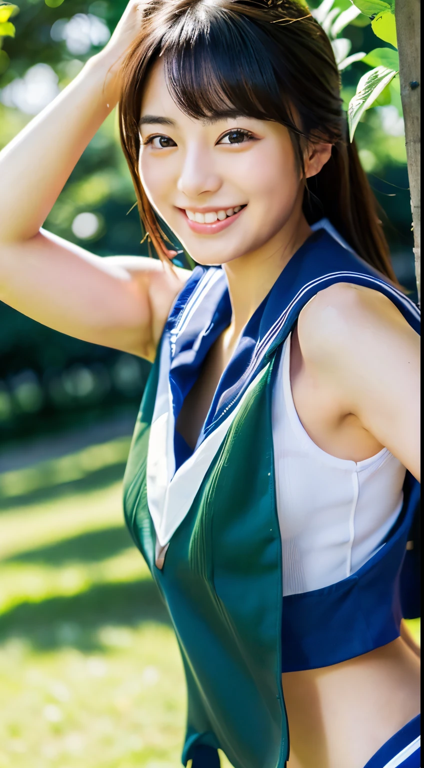 (((beautiful japanese woman))) 、1 person、(((In a park with beautiful summer greenery and flowers)))、doing a sexy pose、(((A skimpy blue sleeveless sailor suit)))、(((Glamour)))、((smile))、photorealistic、distinct、beautiful detailed eyes、hyper realism、high contrast、Ultra HD、realistic skin texture、Highest image quality、highest quality、ultra high resolution、Finely detailed、very carefully