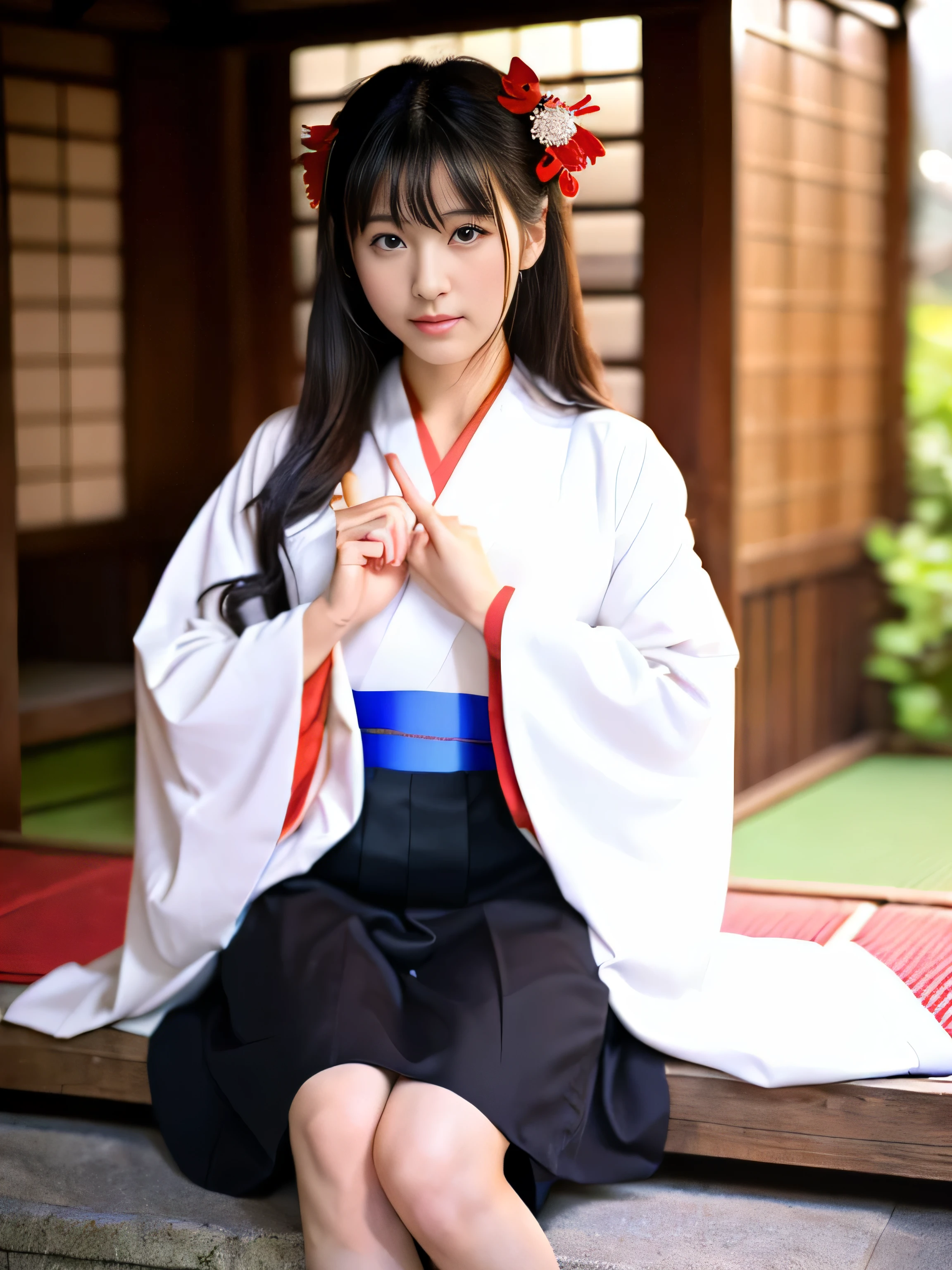 (One slender girl with small breasts、She is wearing a shrine maiden costume and has long hair without bangs.。.:1.5)、(A girl is sitting、和風の部屋で恥ずかしがり屋の笑顔でwhite kimono and scarlet long skirtを脱ぐ:1.5)、(white kimono and scarlet long skirt:1.3)、(perfect anatomy:1.3)、(no mask:1.3)、(Refers to the whole:1.3)、Photoreal、RAW photo、table top、highest quality、High resolution、delicate and beautiful、perfect face、fine and beautiful eyes、Fair skin、real human skin、pores、((thin legs))、(black hair)