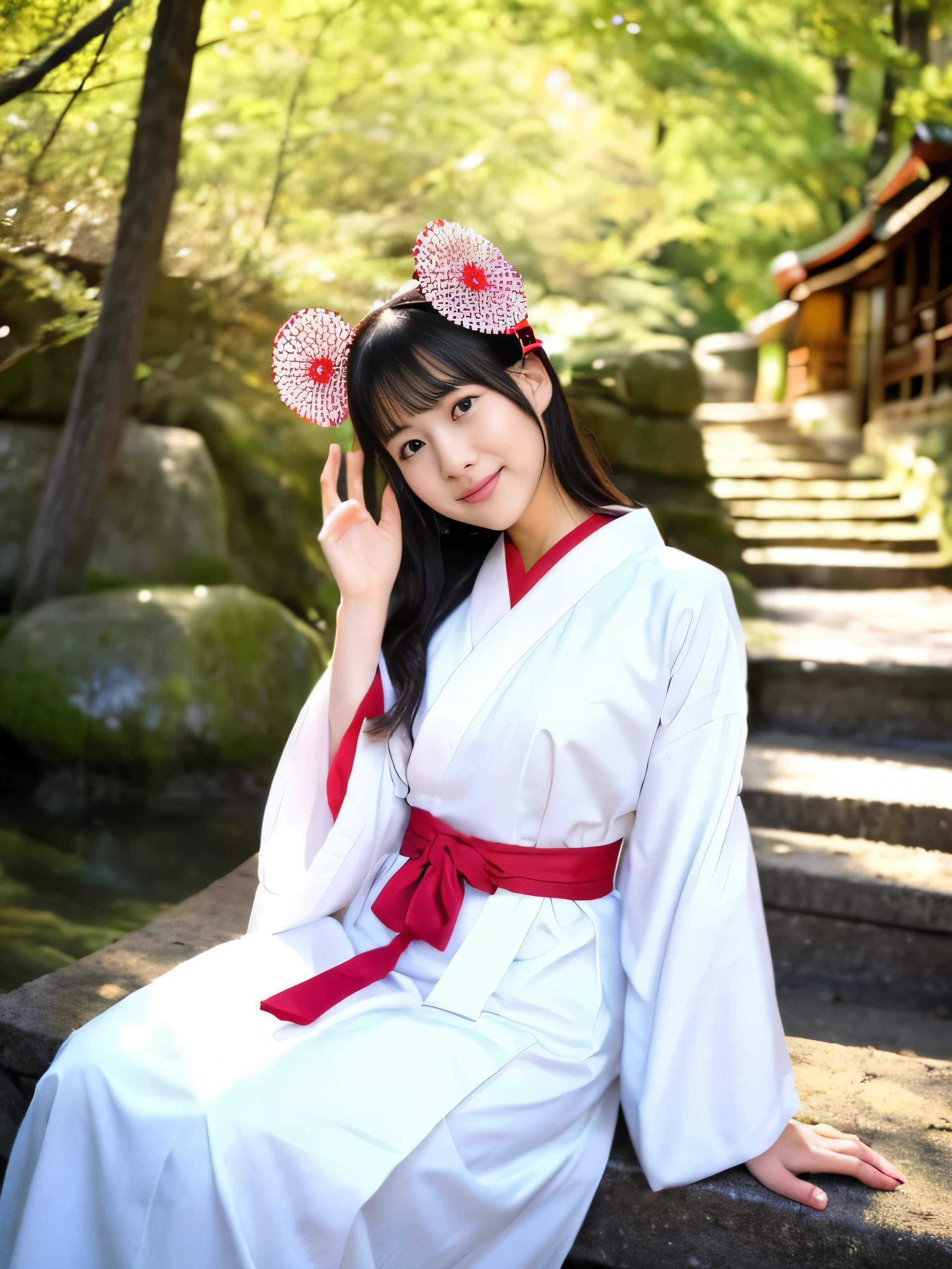 (One slender girl with small breasts、She is wearing a shrine maiden costume and has long hair without bangs.。.:1.5)、(A girl is sitting、和風の部屋で恥ずかしがり屋の笑顔でwhite kimono and scarlet long skirtを脱ぐ:1.5)、(white kimono and scarlet long skirt:1.3)、(perfect anatomy:1.3)、(no mask:1.3)、(Refers to the whole:1.3)、Photoreal、RAW photo、table top、highest quality、High resolution、delicate and beautiful、perfect face、fine and beautiful eyes、Fair skin、real human skin、pores、((thin legs))、(black hair)