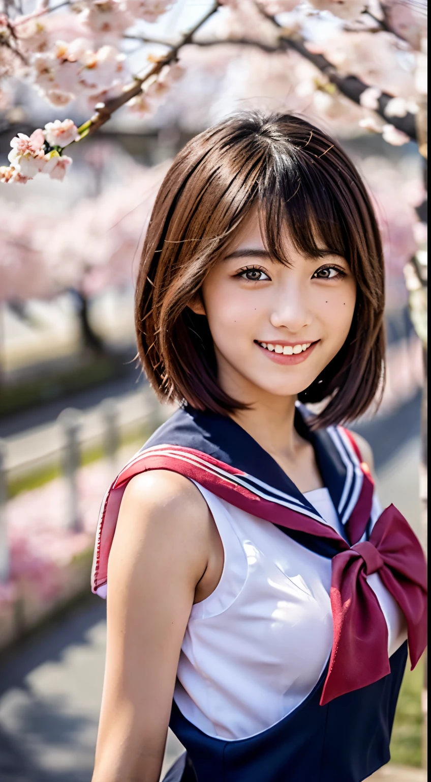 (((beautiful japanese high school girl))) 、1 person、short hair、(((At the cherry blossom trees in bloom)))、doing a sexy pose、(((A revealing sleeveless red sailor suit)))、(((Glamour)))、((smile))、photorealistic、With a clearer image、beautiful detailed eyes、hyper realism、high contrast、Ultra HD、realistic skin texture、Highest image quality、highest quality、ultra high resolution、Finely detailed、very carefully