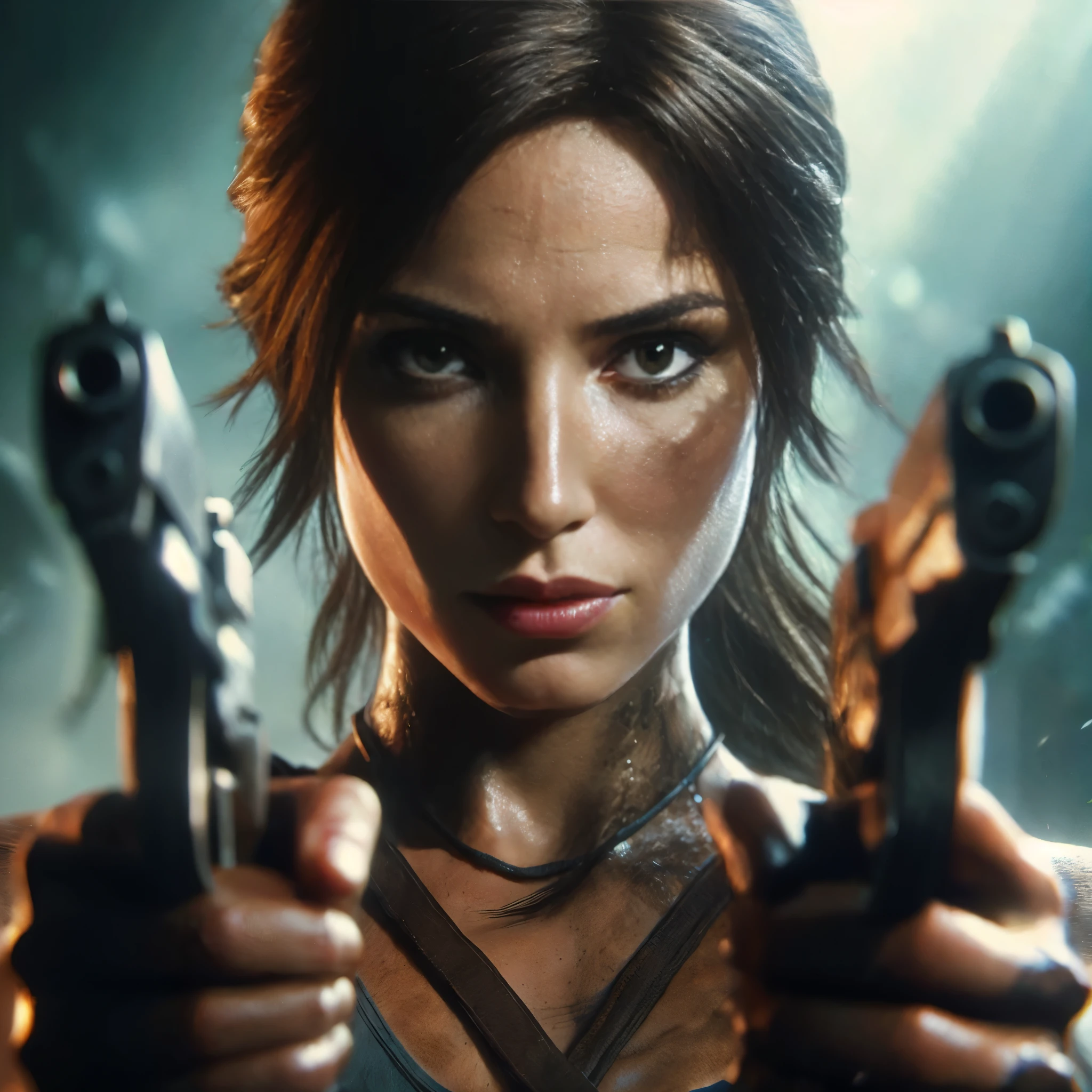 Lara Croft, It uses a mix of classic elements from the first franchise and reimagining. Ela tem o cabelo longo, Blonde and pinned behind the shoulder, and wears a tan adventure outfit with charcoal pants, sapatos militares e um cinto de lona. She's also carrying her two pistols, The Iconic, do lado esquerdo. O visual dela tem um pouco de "escola antiga" e um pouco de "nova escola"