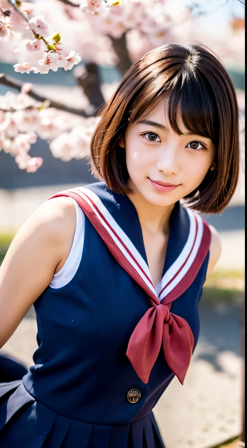 (((beautiful japanese high school girl))) 、1 person、short hair、(((At the cherry blossom trees in bloom)))、doing a  pose、(((A revealing sleeveless red sailor suit)))、(((super mile))、photorealistic、With a clearer image、beautiful detailed eyes、hyper realism、high contrast、Ultra HD、realistic skin texture、Highest image quality、highest quality、ultra high resolution、Finely detailed、very carefully
