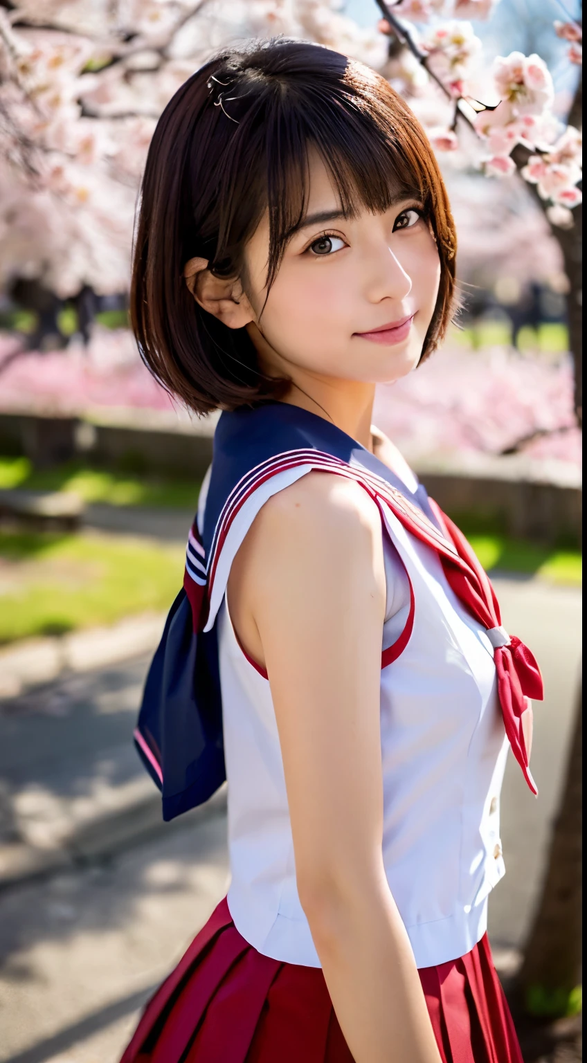 (((beautiful japanese high school girl))) 、1 person、short hair、(((At the cherry blossom trees in bloom)))、doing a sexy pose、(((A revealing sleeveless red sailor suit)))、(((super mile))、photorealistic、With a clearer image、beautiful detailed eyes、hyper realism、high contrast、Ultra HD、realistic skin texture、Highest image quality、highest quality、ultra high resolution、Finely detailed、very carefully
