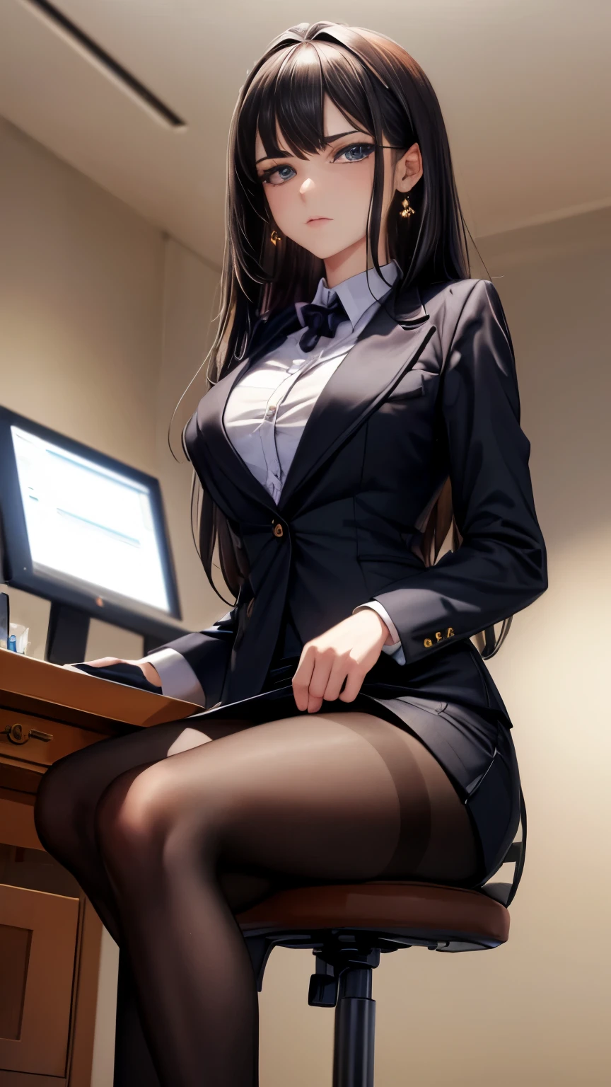 (female ceo caressing the legs of her female secretary):1,CEO with a cunning face, secretary with a shy face,(2 mature woman)