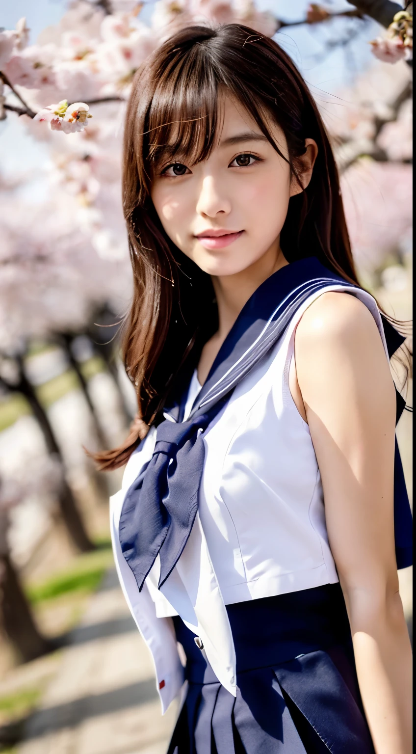 (((beautiful japanese high school girl))) 、1 person、big breasts、(((At the cherry blossom trees in bloom)))、doing a sexy pose、(((A revealing sleeveless white sailor suit)))、(((super mile))、photorealistic、With a clearer image、beautiful detailed eyes、hyper realism、high contrast、Ultra HD、realistic skin texture、Highest image quality、highest quality、ultra high resolution、Finely detailed、very carefully
