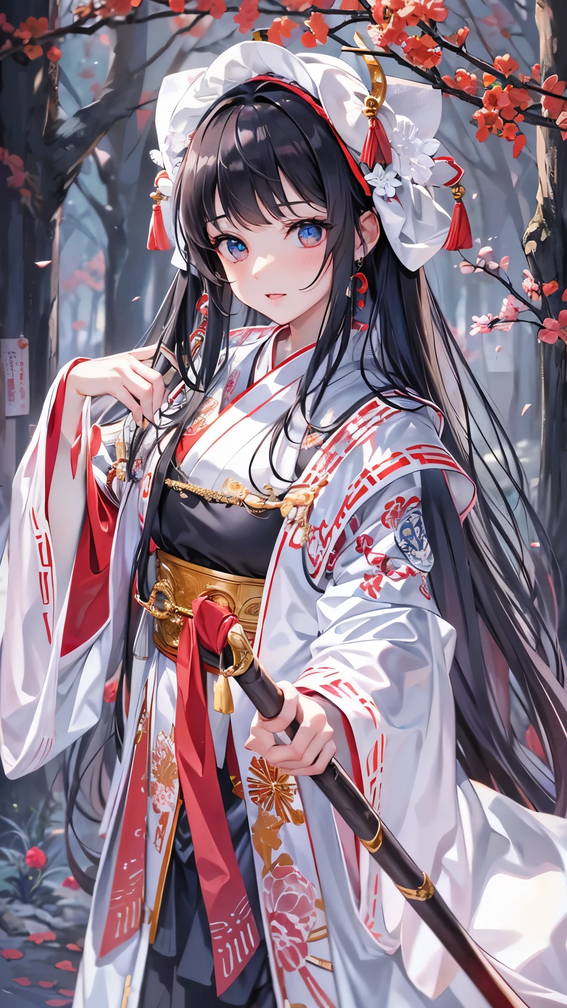 (perfect anatomy, masterpiece:1.2, best quality, 8k, beautiful detailed grow, daydreaming expression, cute-detailed eyes, in a shrine maiden costume), break, (holding divine bow gripping bow in hands), (solo:1.2 blunt bangs black hair long hair beautiful girl), serious face, background shrine.