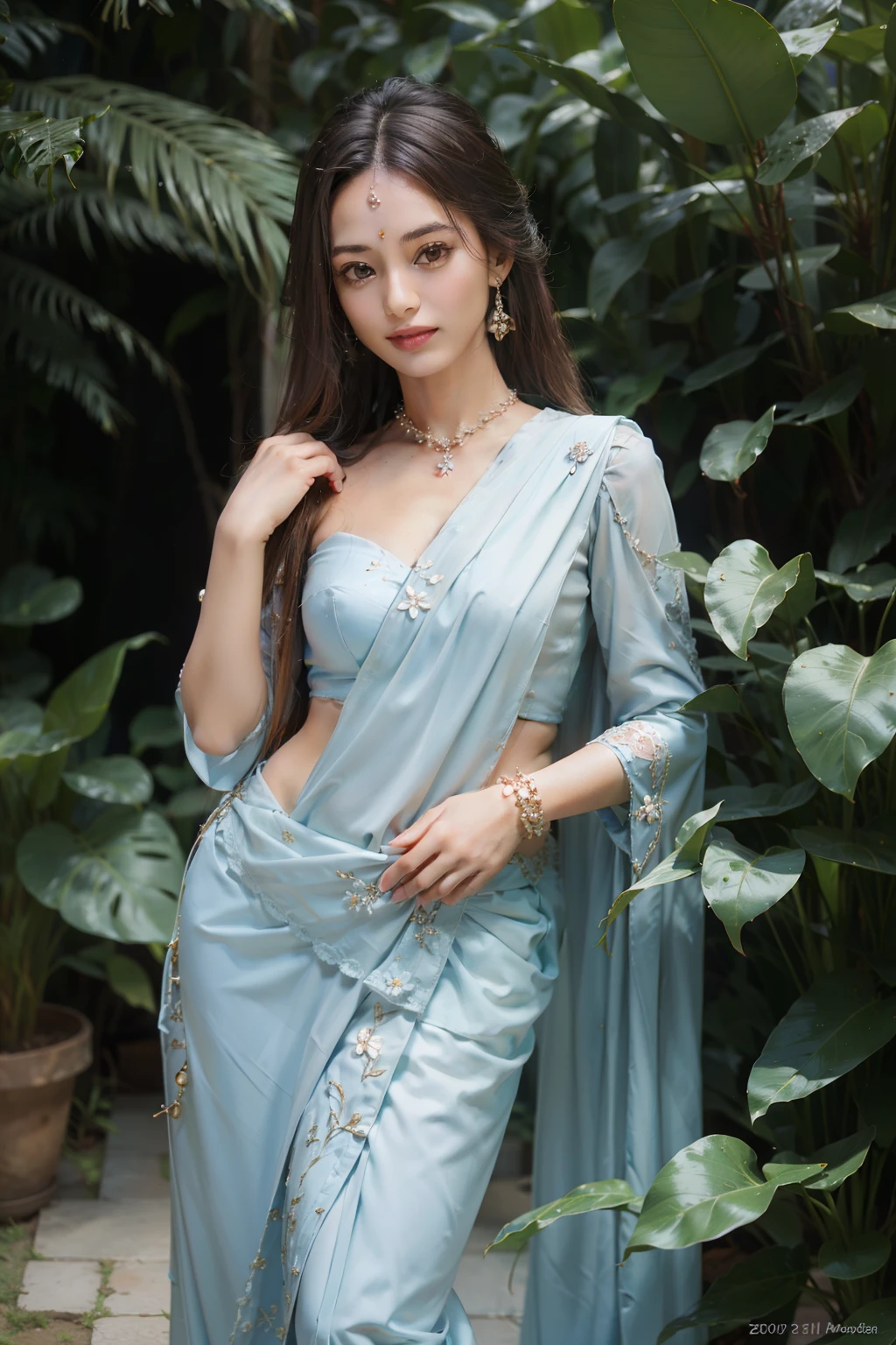 ((top-quality、​masterpiece、photographrealistic:1.4、8K))、Beautuful Women、full body Esbian、sixteen years old、delicate and beautiful face、The Great Noble Lady of India、（Women in Southeast Asia）、（Indian style luxury saris and headdress）、Luxury accessories、Saree、Beautiful lighting、Textured skin、Super Detail、high detailing、High quality、hight resolution、（Stroll through beautiful Indian-style gardens。Indian castle on background）、florals、The tree々、Elegant smile、（looking at the viewers）